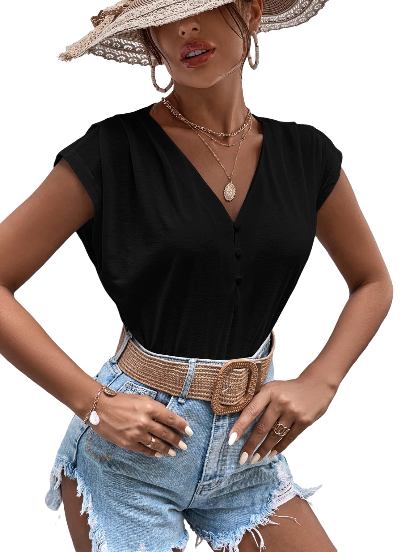 SheIn Women's Casual Blouse Tunic V Neck Tops Half Button Batwing Sleeve Tee