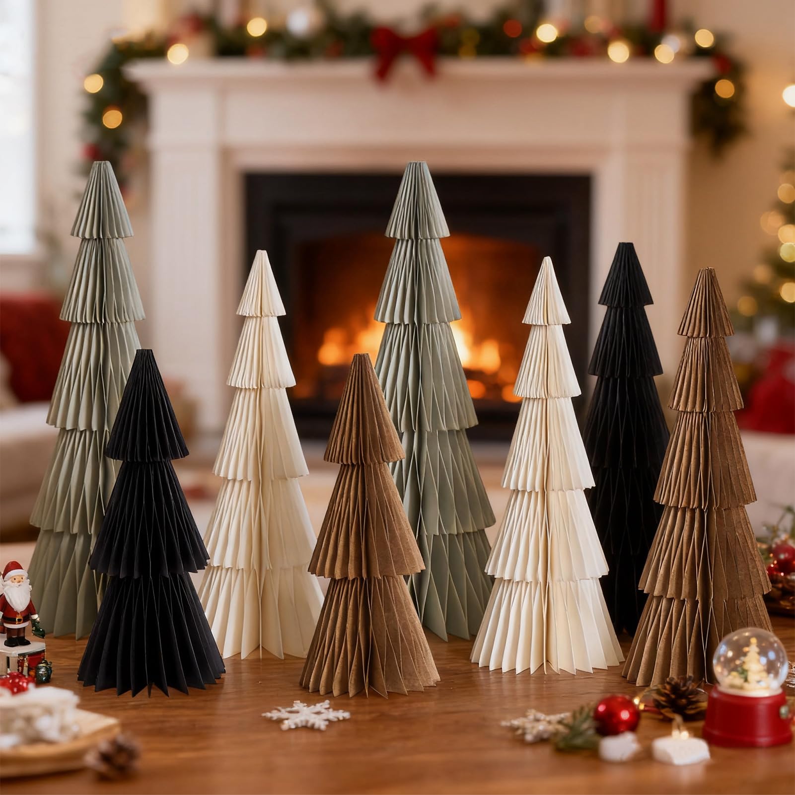 SUNBEAUTY Lot de 8 sapins de Noël en papier nid d'abeille - Décoration d'arbre en papier 3D - Design magnétique - Pour table à manger, armoire, rebord de fenêtre, cheminée, décoration de Noël