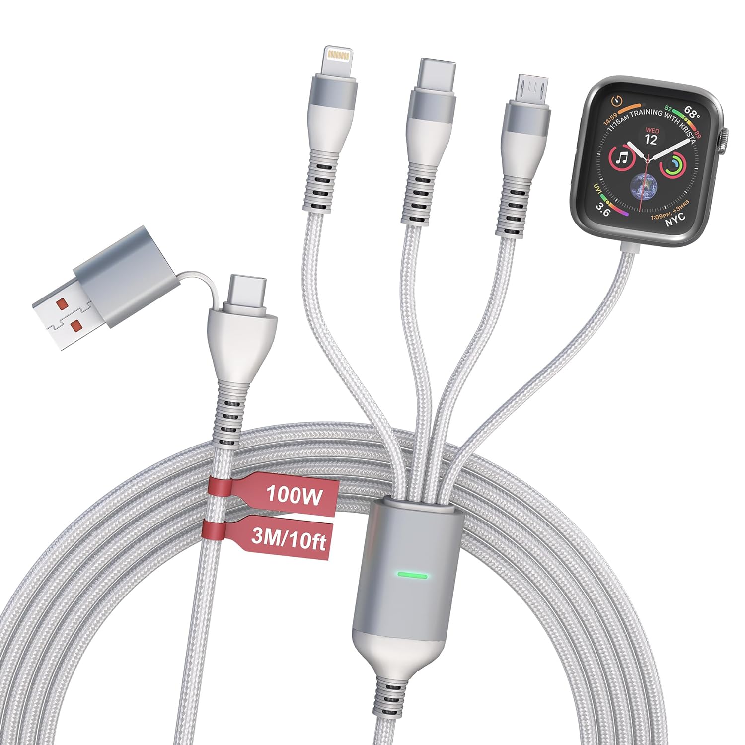 Multi Charging Cable for Apple Watch - 100W 10ft 4-in-1 Fast Charger with Lightning, USB C, Micro USB & Apple Watch Charger for iWatch, iPhone, MacBook Pro - White