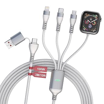 Multi Charging Cable for Apple Watch - 100W 10ft 4-in-1 Fast Charger with Lightning, USB C, Micro USB & Apple Watch Charger for iWatch, iPhone, MacBook Pro - White