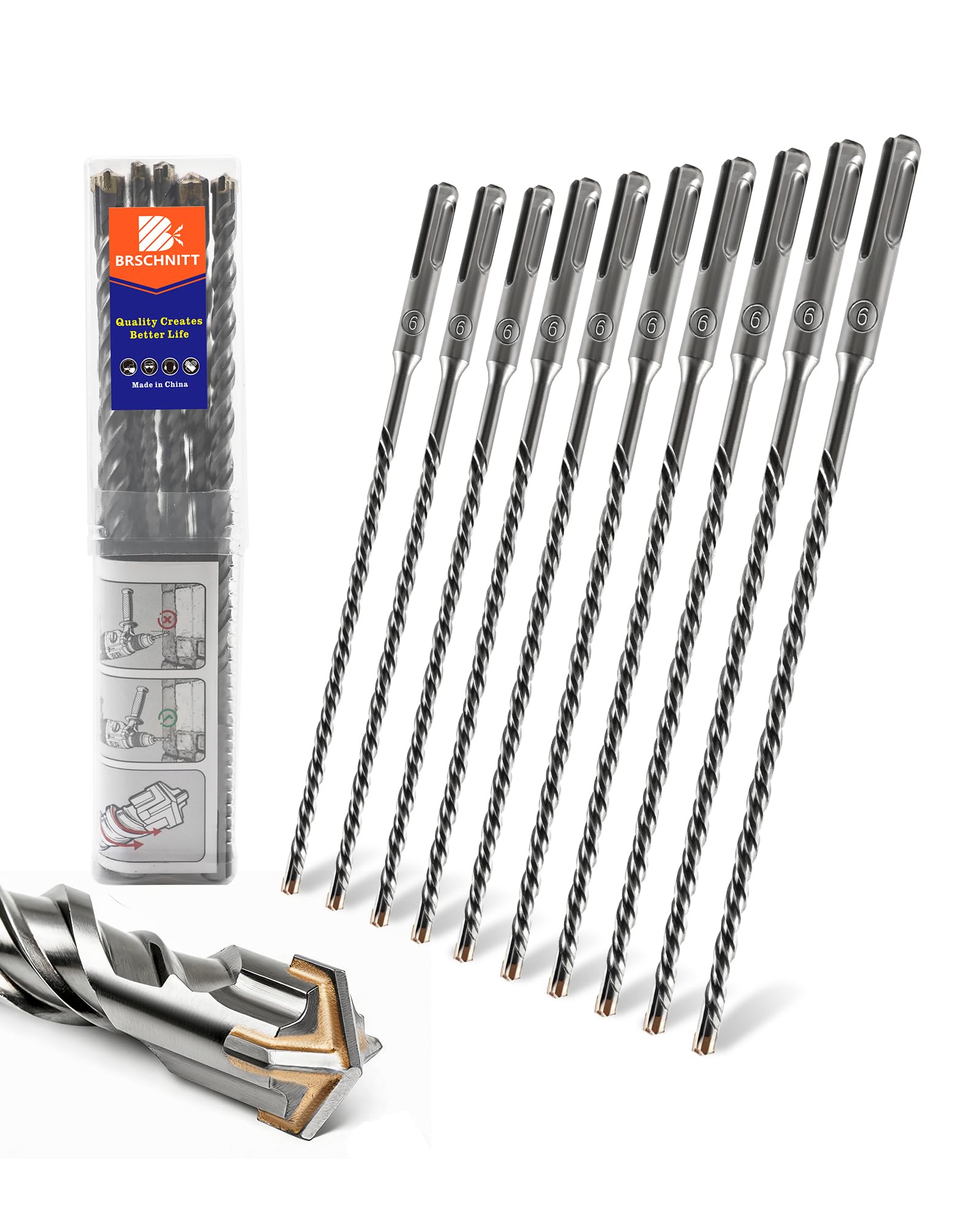 BRSCHNITT SDS Plus Carbide Cross Tip Concrete Drill Bit - 6MM SDS-Plus Hammer Drill Set for Concrete, Brick, Stone & Masonry - 210MM Length (10 Piece)
