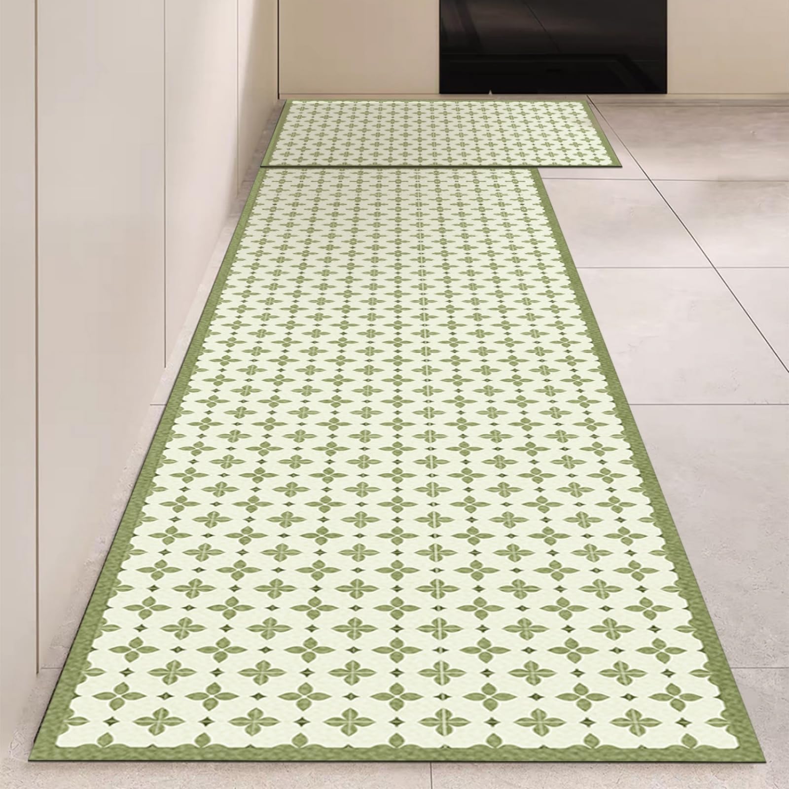 Tappeto Cucina 40X60Cm+40X120Cm Fiore Verde Tappeto Cucina Antiscivolo Lavabile Set Di 2 Pezzi,Tappetino Multiuso In Pelle,Comodità E Resistente,Per Ingresso,Camera,Bagno