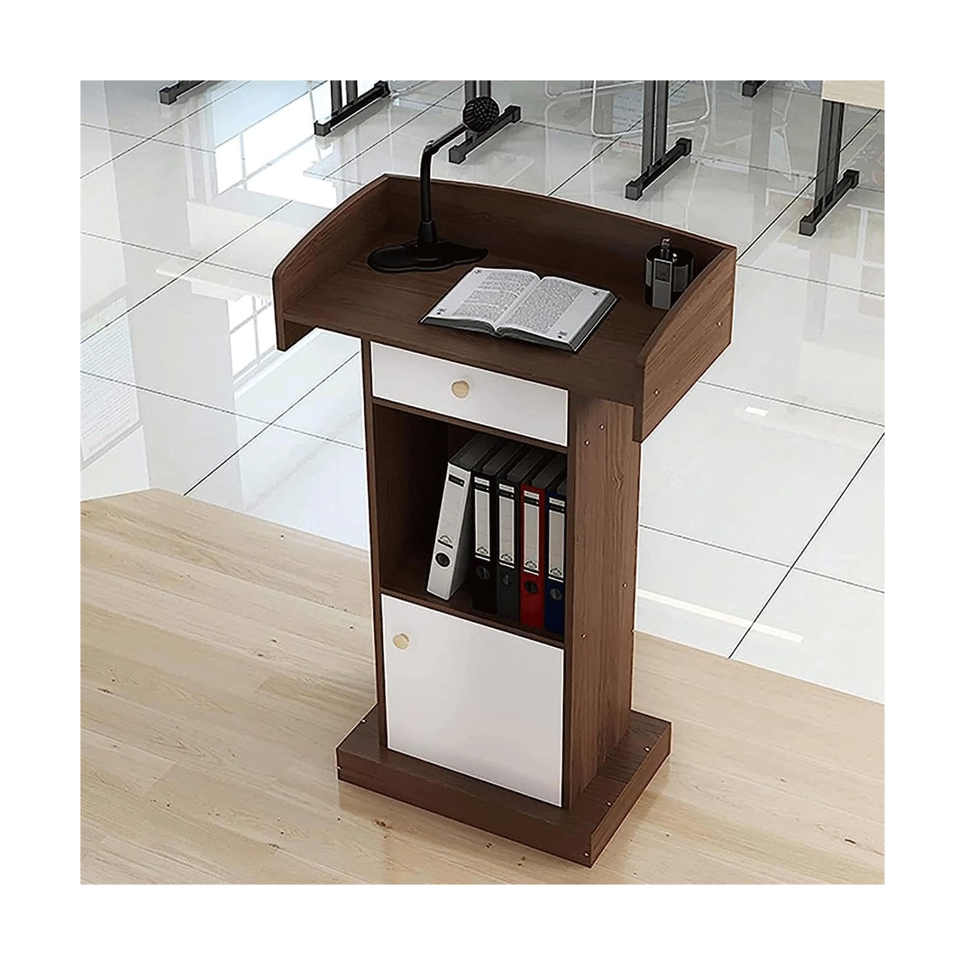 Podium Podio Pupitre sur Pied en Bois, pupitre Simple avec Support de Rangement Ouvert, tiroir spacieux, Bureau d'ordinateur Portable, Table de conférence