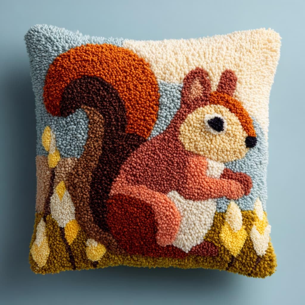 Taxpy DIY Latch Hook Cushion Kits, Animal Squirrel Needlework Embroidery Set Crochet Needlework Crafts with Latch Hook Tool 43x43cm