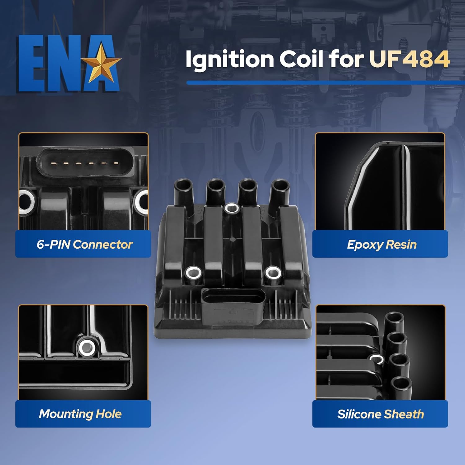 ENA UF484 Ignition Coil Pack with Spark Plug Wire Set 27588 Compatible with Volkswagen 2001-2009 Beetle, 2001-2007 Golf, 2007-2010 Golf City, 2006 GTI, 2001-2010 Jetta, 2007-2009 Jetta City 2.0L L4