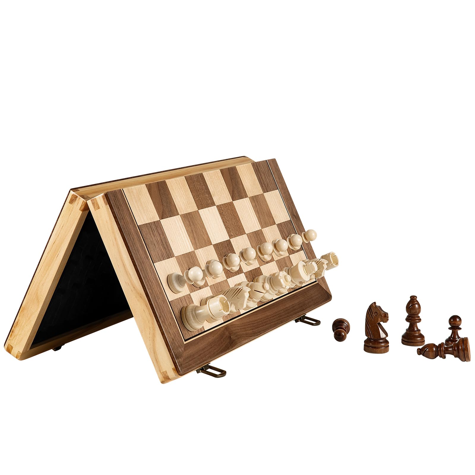 Schachspiel 38x38 cm Magnetisch Holz, Schachbrett Holz, 2-in-1 Schach & Dame, Reiseschach für Erwachsene und Kinder, Klappbares Schachspiel