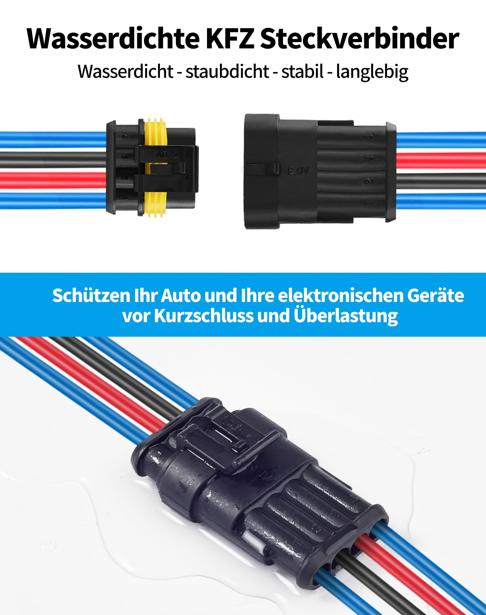 Wasserdichte KFZ Steckverbinder 1-4 Polig – Auto Kabelverbinder, IP68, Aus Robustem PBT-Kunststoff