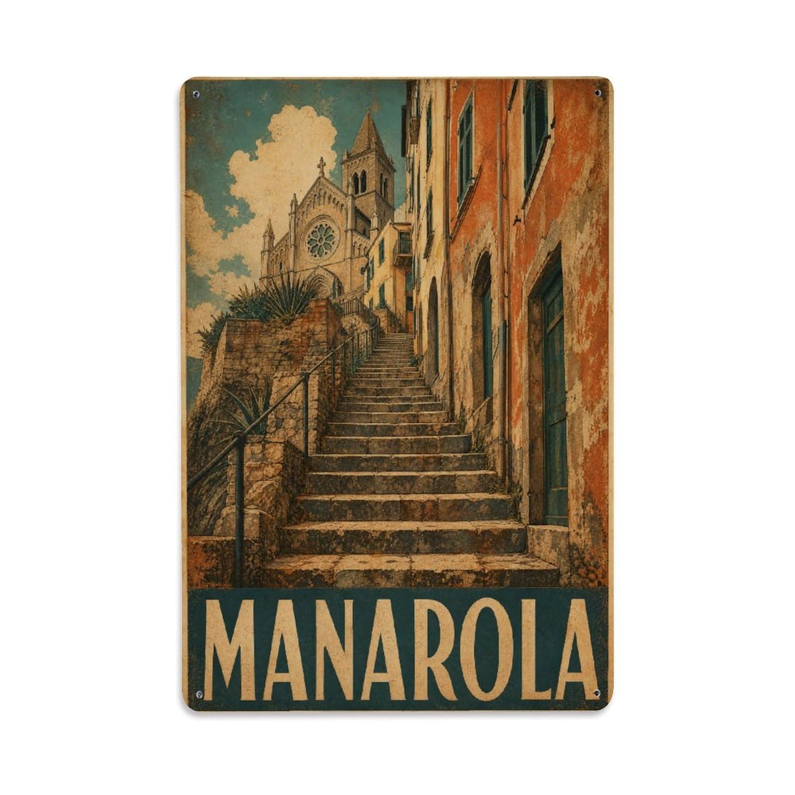 Huiyhb 8X12inch(20X30cm) Vintage Travel Manarola Stairs Climbing Street Steps Italy Metal Tin Sign