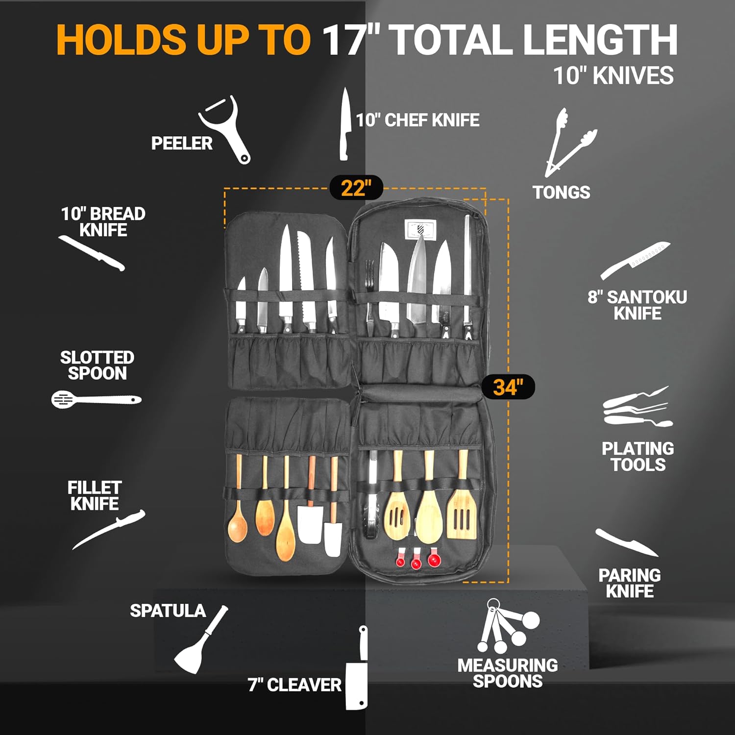 Chef Knife Backpack RETRO - Waxed Canvas Knife Bag for Chefs, Patented Knife Retention Panels and Hook-and-Loop System, 30+ Pockets, Fits 10in Blades (17in Overall), YKK Zippers