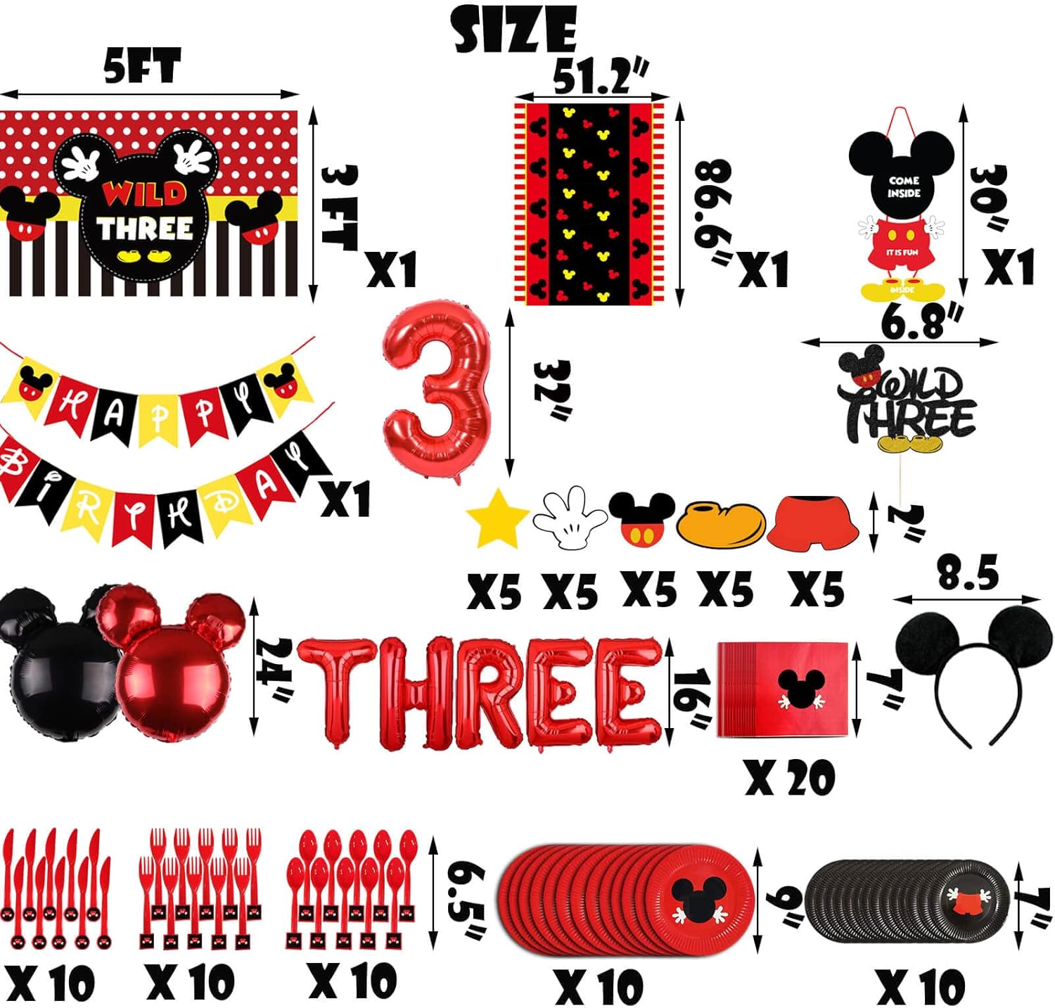 221 Pcs Red 3rd Birthday Party Decorations, Wild Three Balloons Arch Garland Kit, Third Bday Backdrop, TableCloth, Tableware for Boys 3th Birtdhay Party Supplies