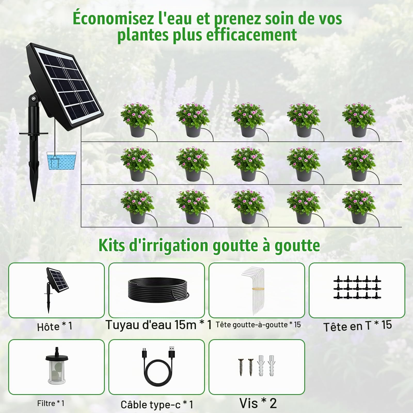 Système D'arrosage Solaire, Arrosage Goutte a Goutte Automatique Pour Jardin Avec Tuyau De 15 M, Pour 15 Pots, Alarme Automatique, Arroser Les Plantes, Pour Le Jardin, Le Balcon
