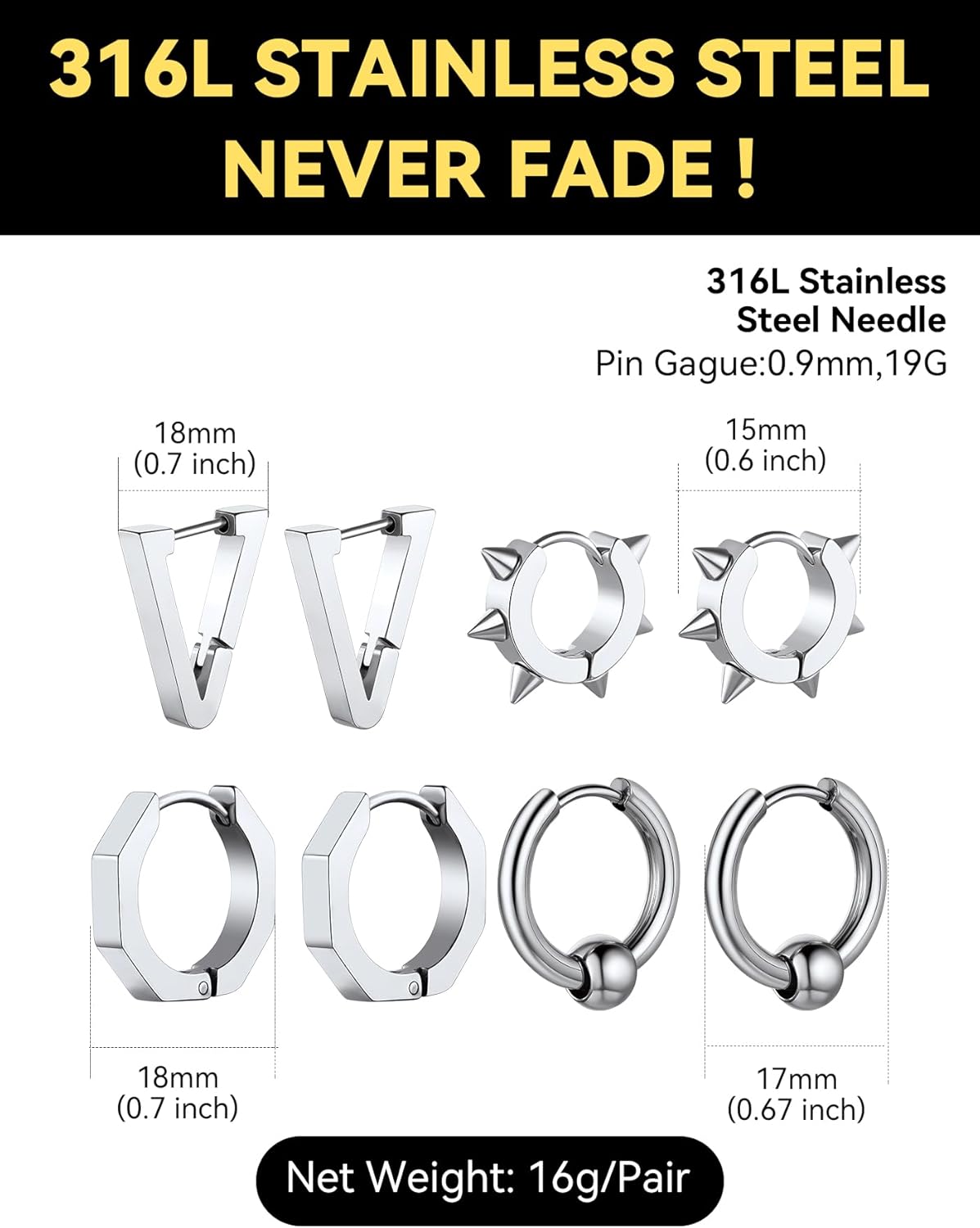 ChainsHouse Stud Earrings for Men Women,316L Stainless Steel/14K Gold/Black Plated Metal, Punk Hypoallergenic Surgical Huggie Hoop Earrings Mens Jewelry Piercing Hoop Earrings