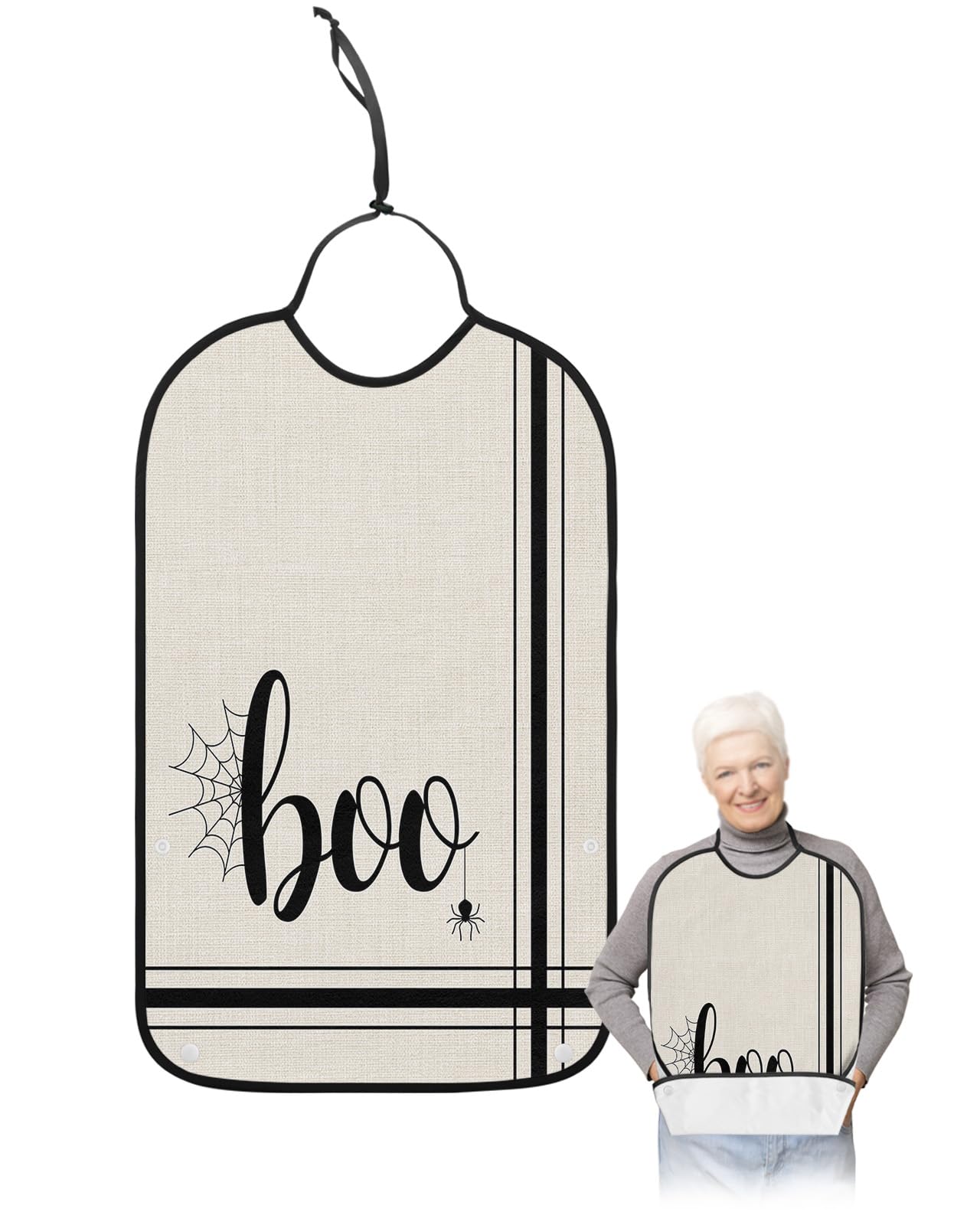 Kewadony Adult Bibs for Elderly Women - Halloween Waterproof Dining Clothing Protectors with Crumb Catcher for Eating/Feeding, Boo Black Striped Rustic Terry Cloth Bib Machine Washable