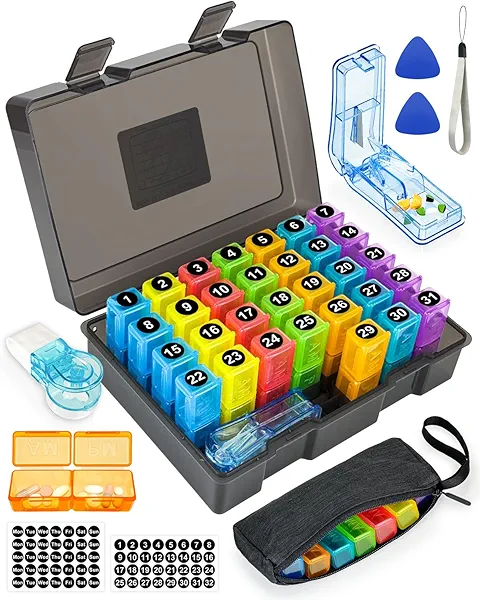 Monthly Pill Organizer 2 Times a Day – Yonlog Large Medicine Box with Weekly Travel Bag, Pill Cutter, Easy-Open Pick, Pill Taker Tool, and 2 Medication Stickers (Black, 2 Times a Day)