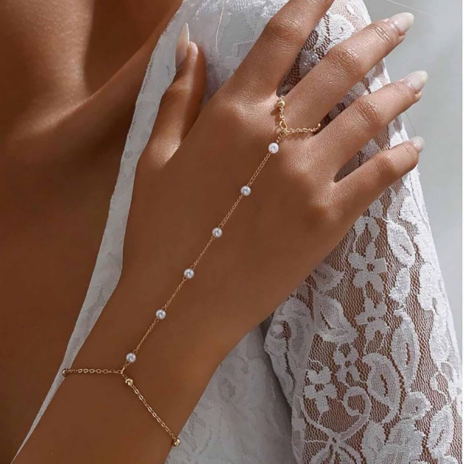 Boho Pearl Finger Ring Bracelet Vintage Pearl Beads Slave Chain Hand Bracelet Gold Pearls Station Hand Harness Chains Bracelet Adjustable Slave Chain Bracelet Jewelry for Women - Image 2