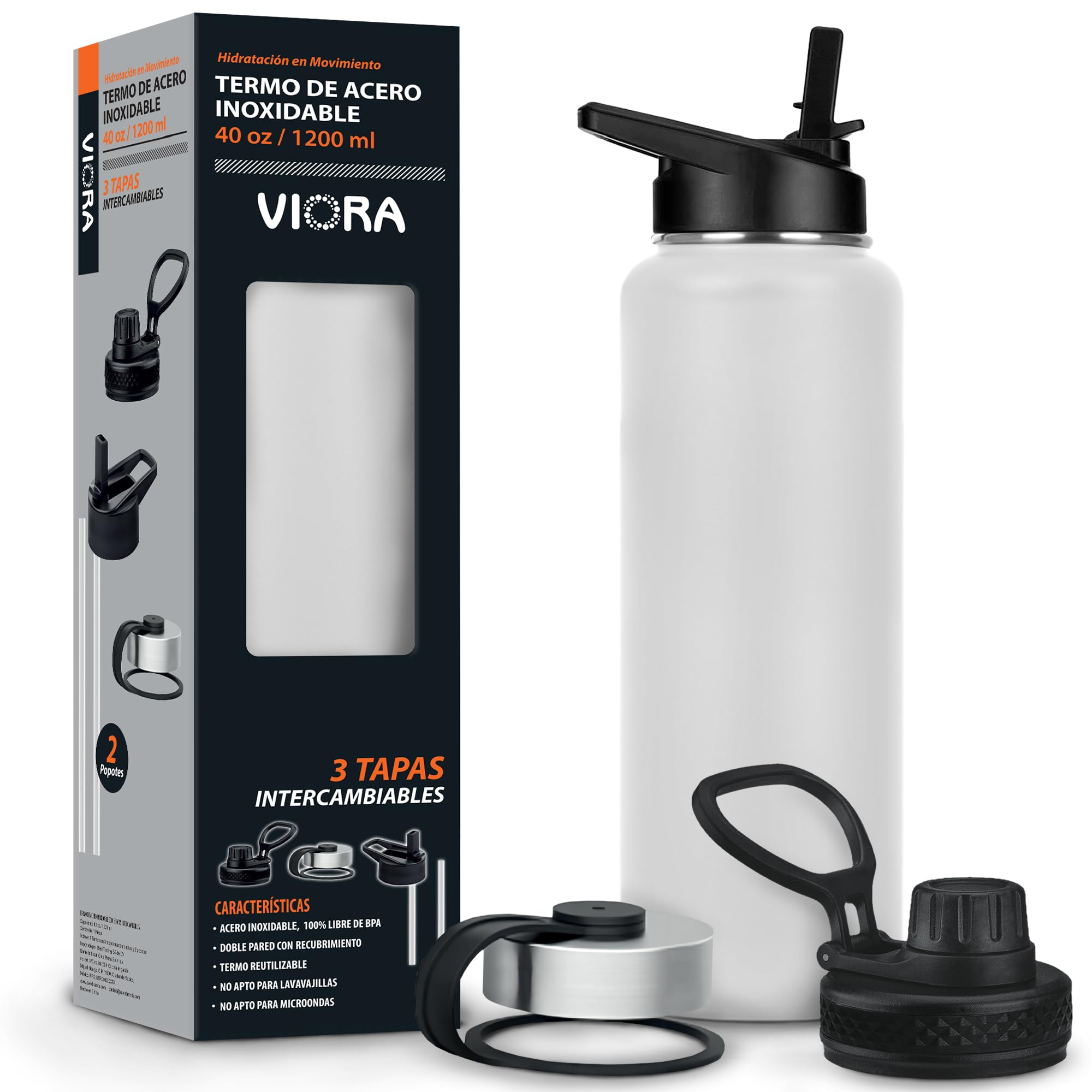 VIORA Termo de Acero Inoxidable para Agua y Café 1200 ml (40 oz): Contiene 3