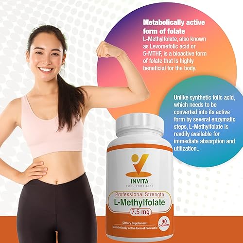 Miniatura 3 de INVITA L-metilfolato (7.5 mg) - Folato de metilo activo de fuerza profesional - Suplemento 5-MTHF para energía, estado de ánimo y apoyo inmunológico