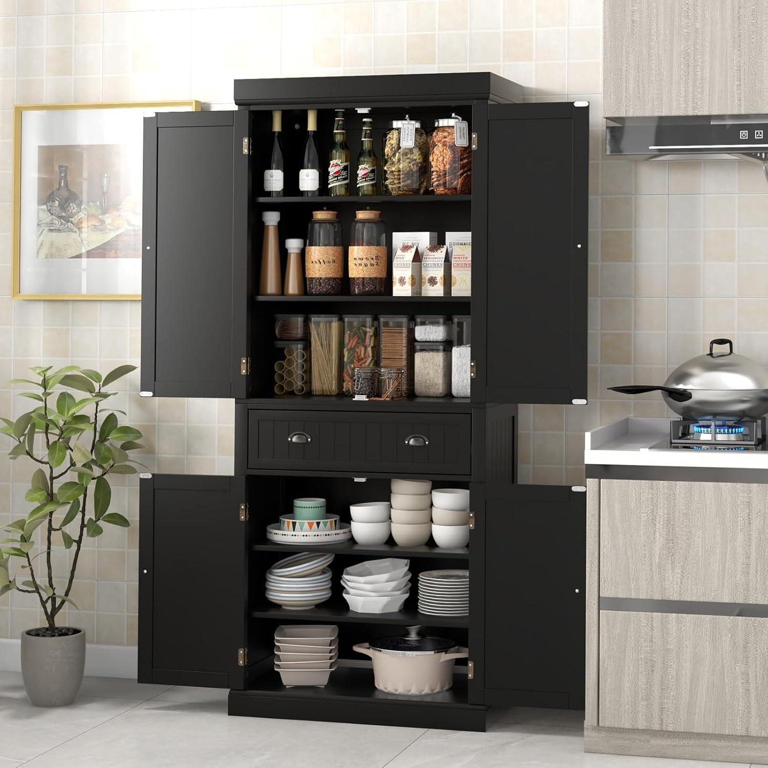DORTALA 72” Tall Kitchen Pantry Cabinet, Wood Storage Cupboard w/ 4 Adjustable Shelves, 2 Cabinets & Drawer, Utility Freestanding Storage Cabinet for Kitchen, Hallway, Living Room, Brown