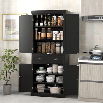 DORTALA 72 Tall Kitchen Pantry Cabinet, Wood Storage Cupboard w/ 4 Adjustable Shelves, 2 Cabinets & Drawer, Utility Freestanding Storage Cabinet for Kitchen, Hallway, Living Room, Black