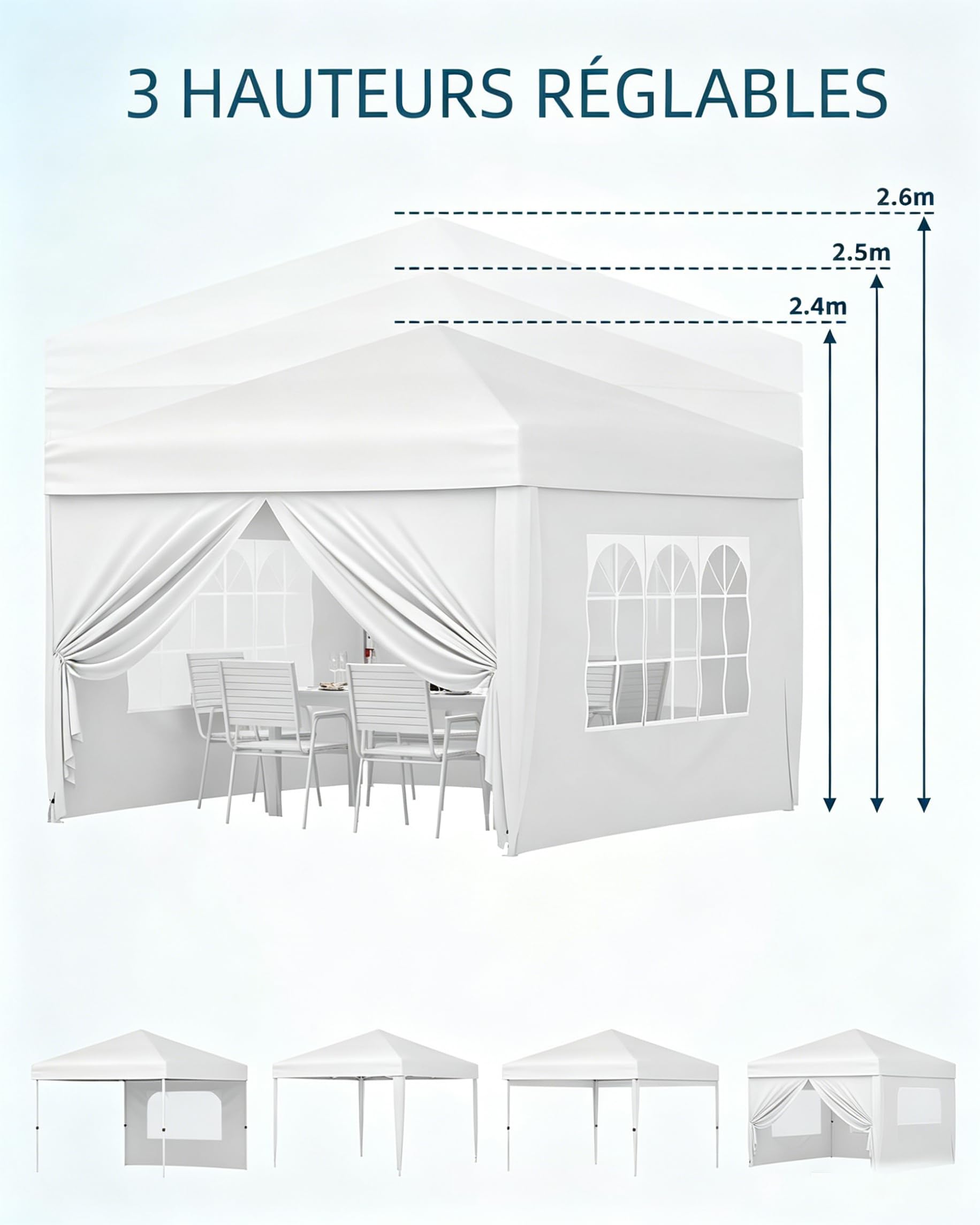 Tonnelle Pliante 3x3 Ht 2,7m Imperméable Fenêtres Église UV50+, Blanc