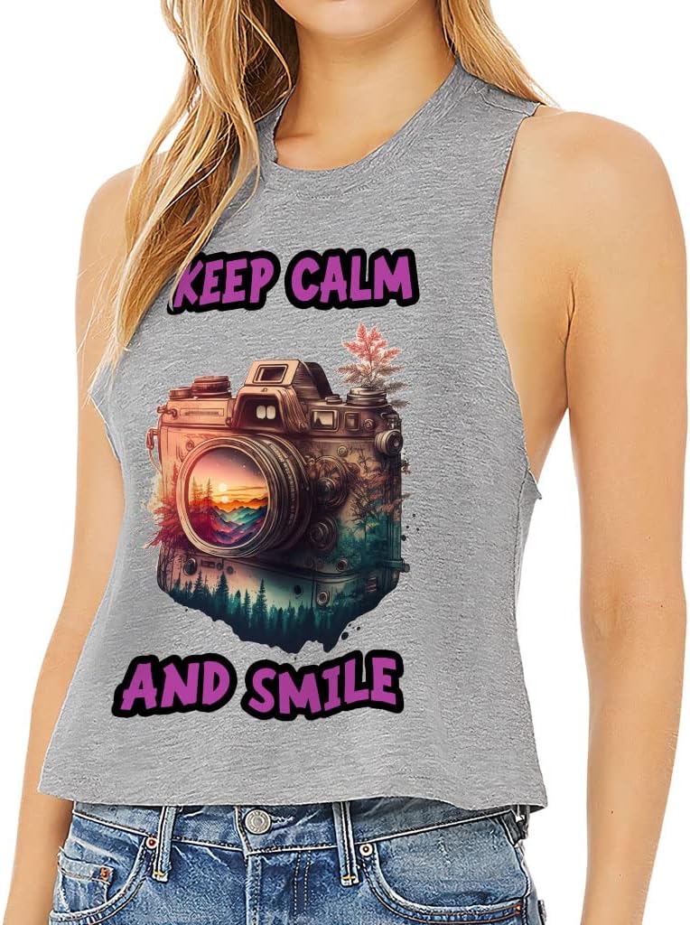 Keep Calm and Smile Racerback Cropped Tank - Graphic Women's Tank - Art Tank Top