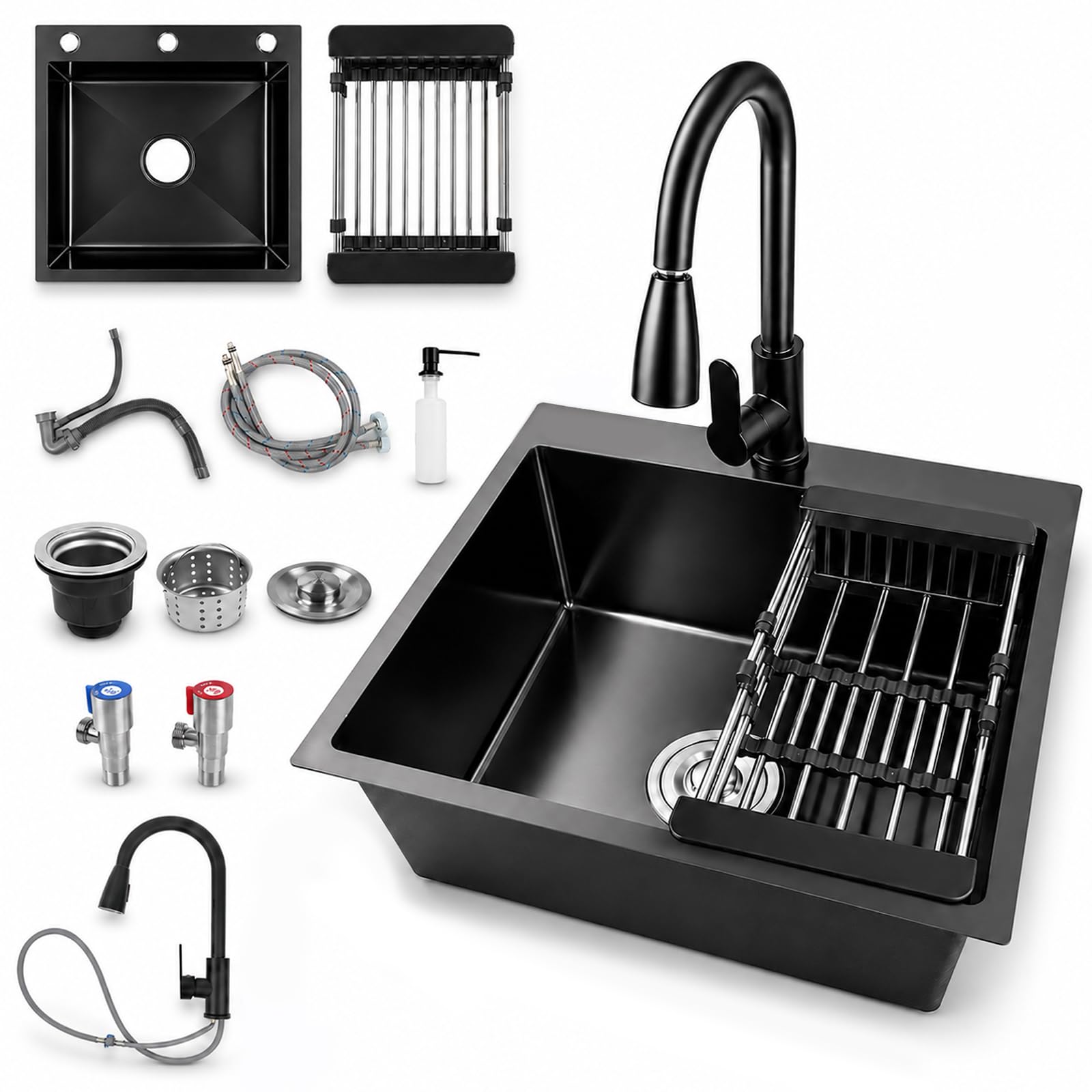 Black Single Bowl Stainless Steel Kitchen Sink, Drop-in/Topmount(50 x 45cm)