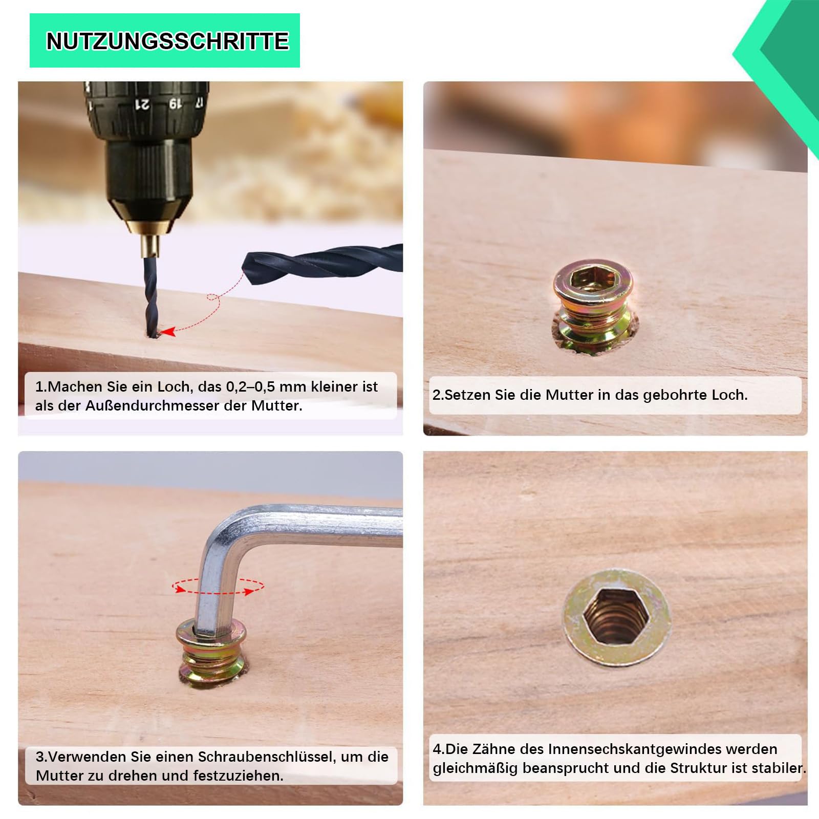 10 Inserti Filettati In Legno Con Viti M6x20mm - Dadi A Vite Per Mobili In Legno - Foto 8