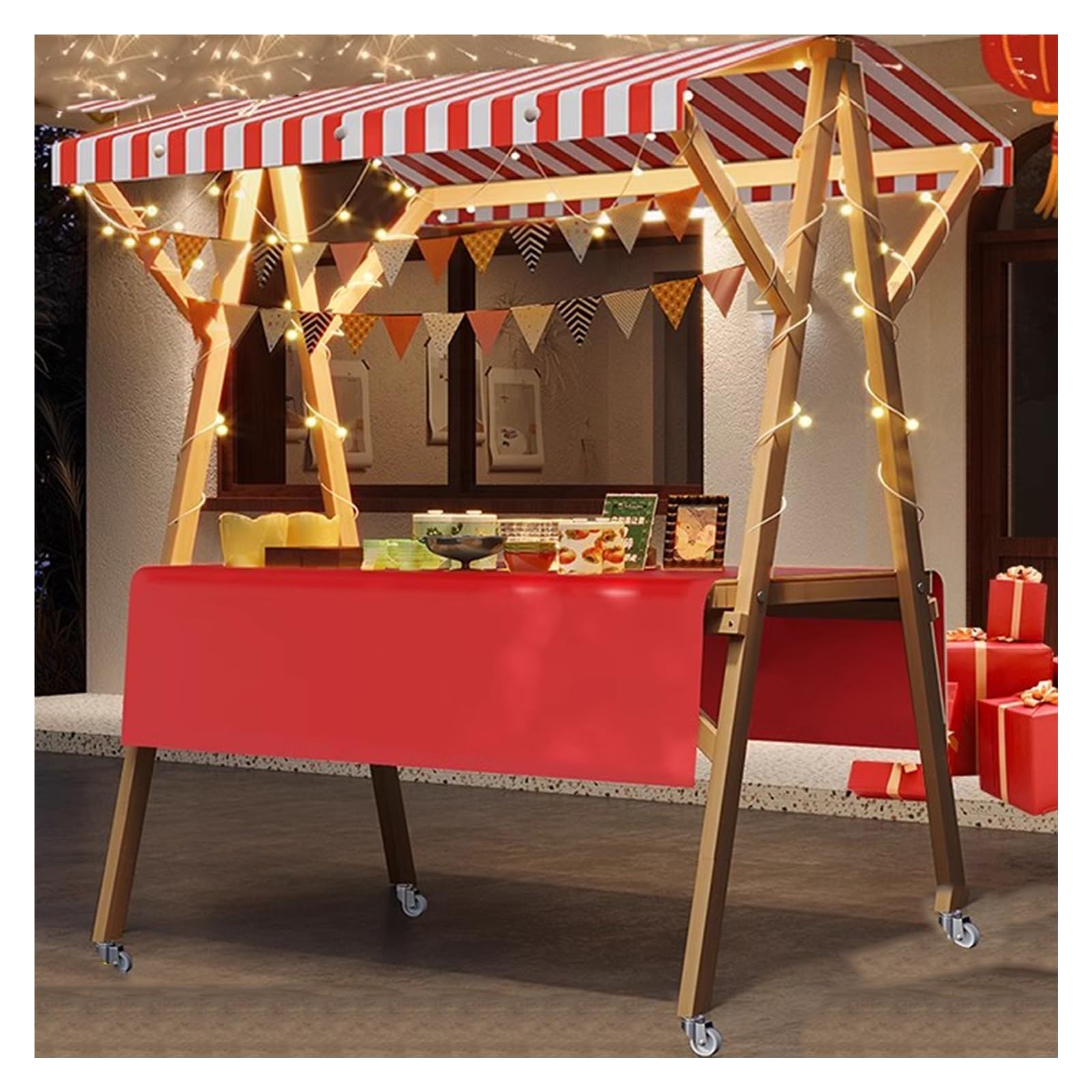 Stand de marché fermier en bois avec auvent pour vente de glaces et hot-dogs lors de festivals