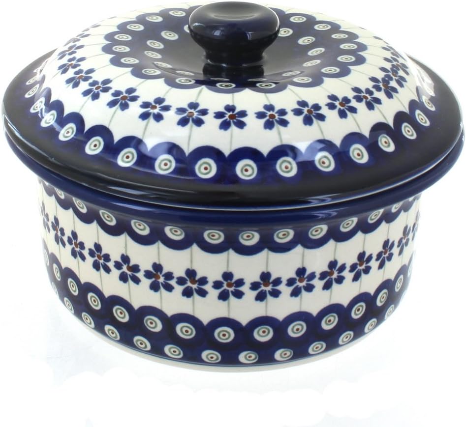 Blue Rose Polish Pottery - Blue Xandra Round Baker with Lid - 4 Cup Capacity - Unique, Dishwasher Safe, & Durable Bakeware