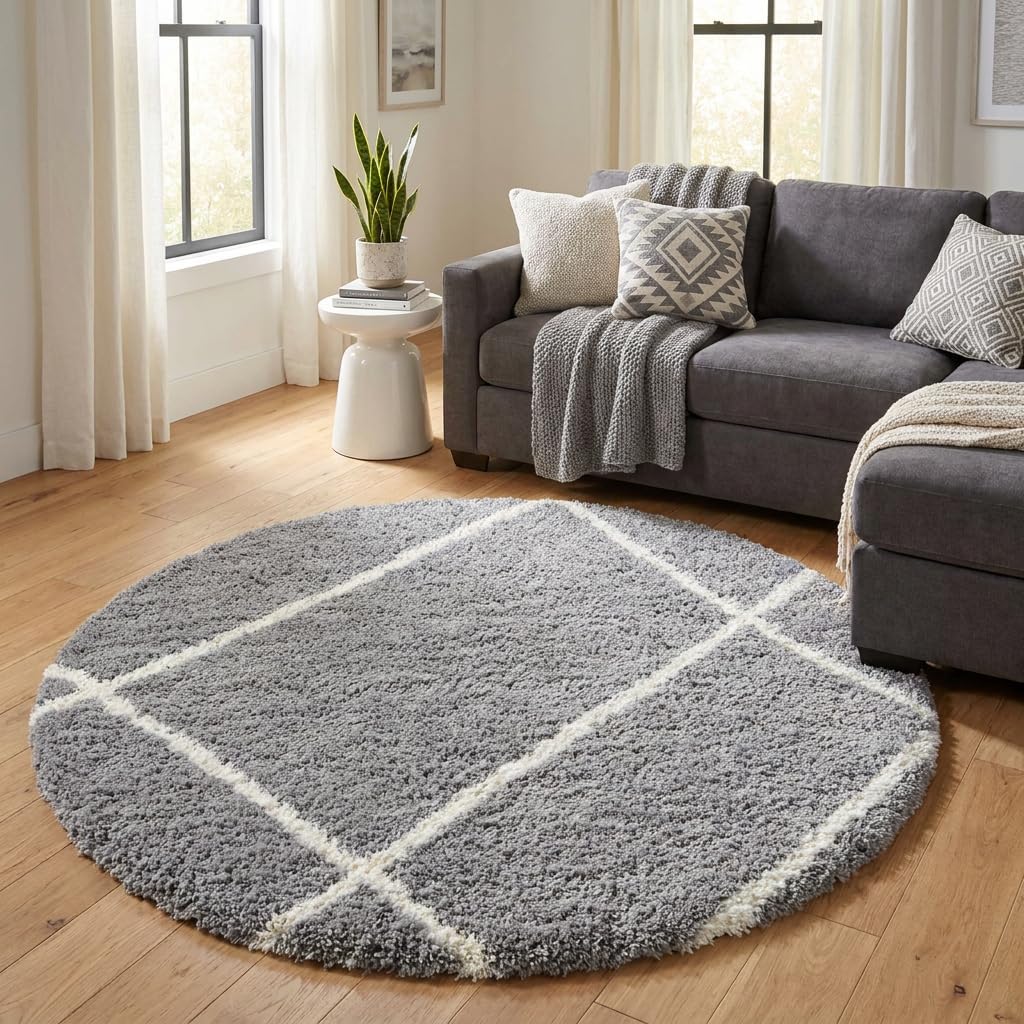 Xenluxe Shaggy Polyester Microfiber Round Rug Carpet for Living Room | Ultra Soft Fluffy Plush Area Rug | Anti-Skid Non-Slip Backing | Washable Carpet for Bedroom- (3x3 feet, Silver Line, Round)