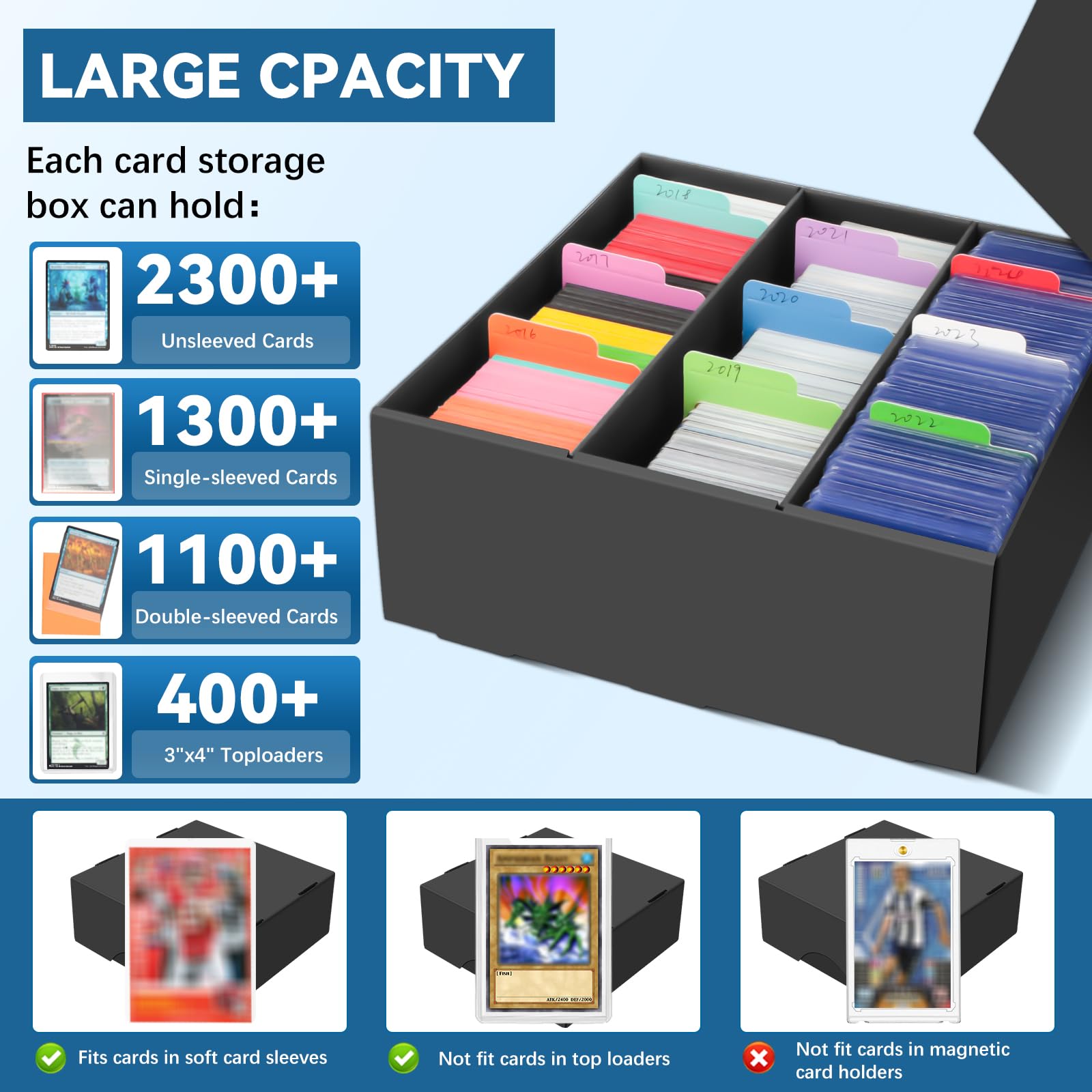 4 Stück Sammelkarten-Aufbewahrungsbox, 9360 Kartenaufbewahrung mit 48 bunten Trennblättern, Schwarzer Karton Storage Box, Kartensammelbox für TCG/Magic/MTG Aufbewahrun