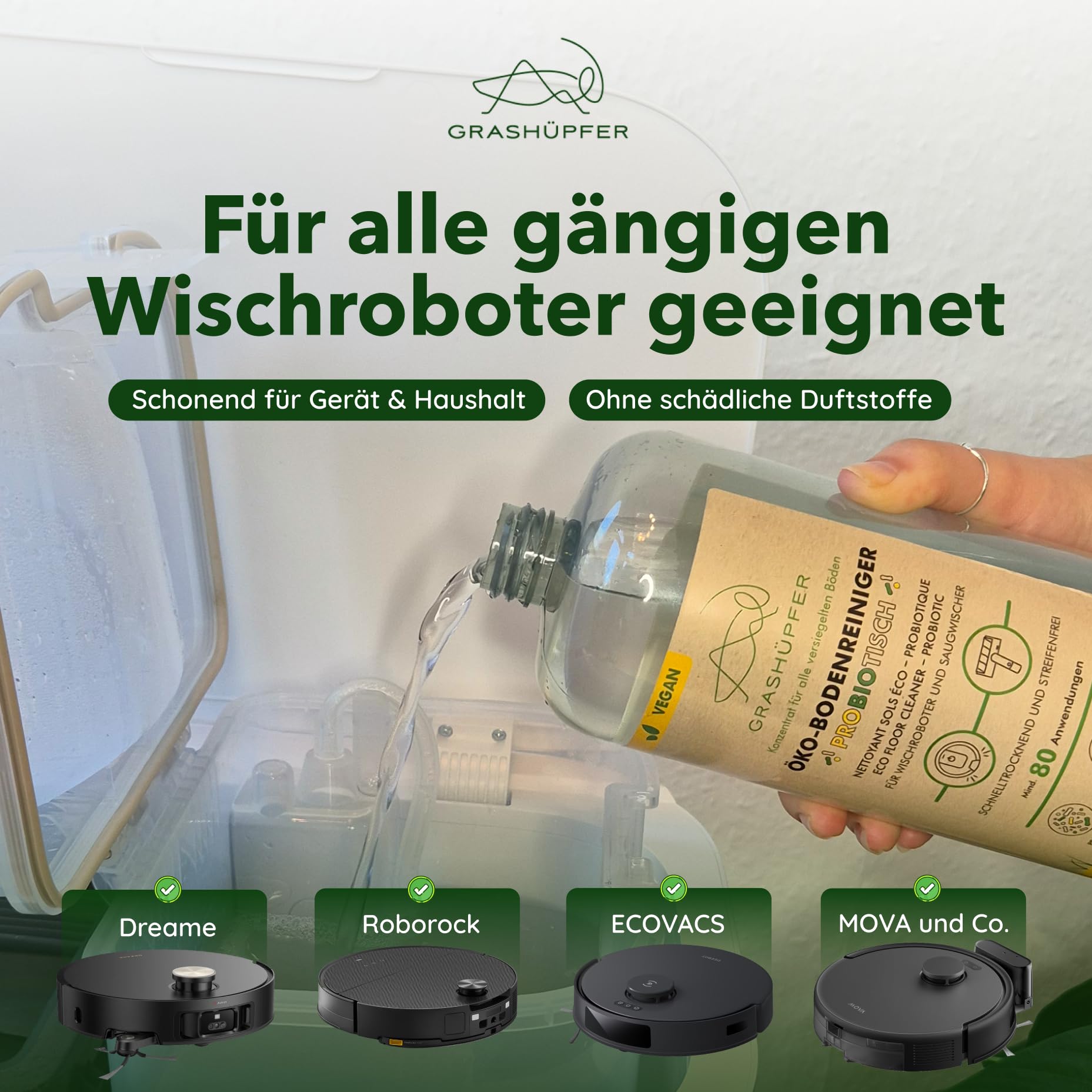 2er Set GRASHÜPFER® Probiotischer Öko Wischroboter Reiniger [FÜR TIERHAUSHALTE] – reinigt und entfernt Tiergerüche biologisch, für Wischroboter und Saugwischer [ZITRUSBLÜTE] - 2000 ml