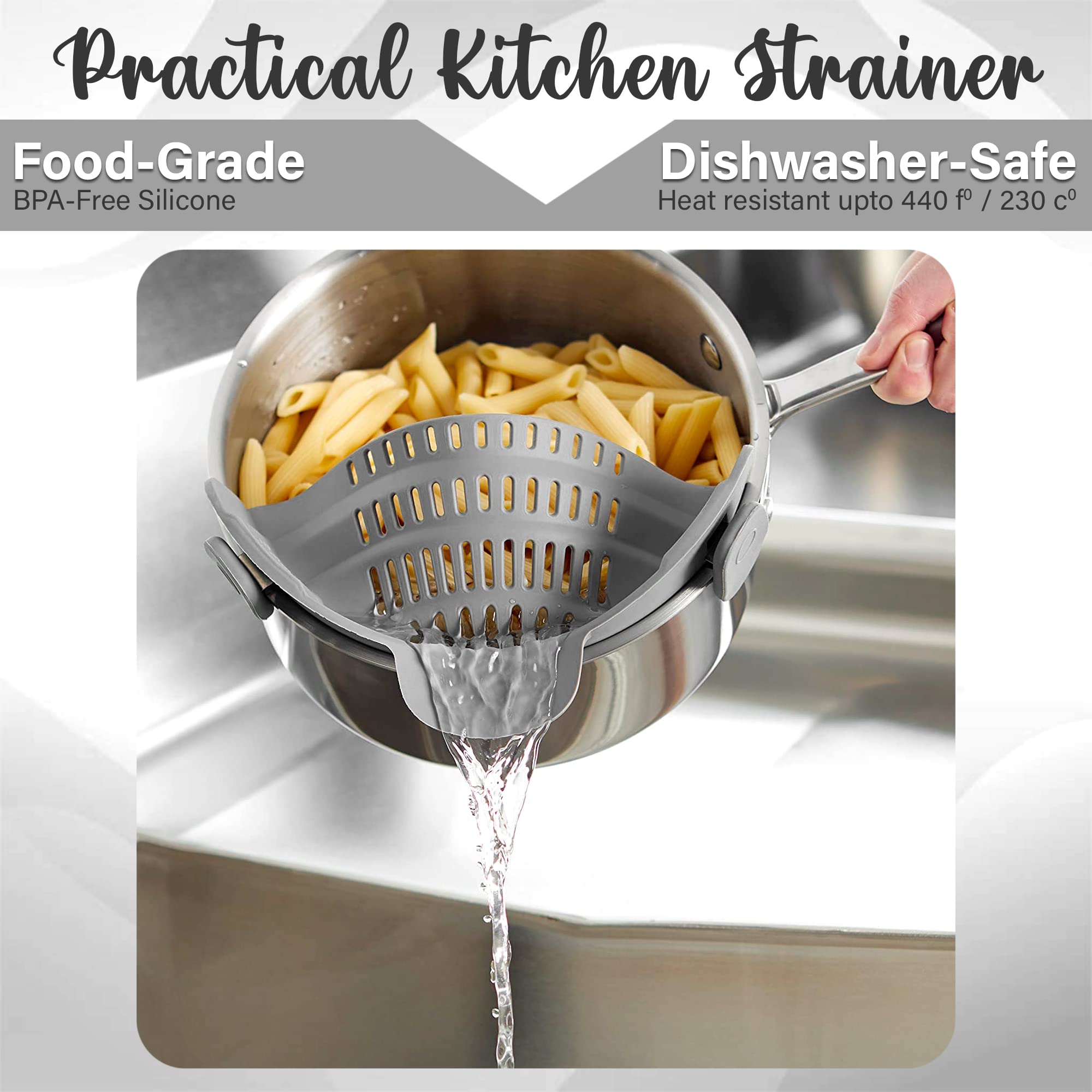 Strainer and Pasta Strainer - Adjustable Silicone Clip On Strainer for Pots, Pans, and Bowls, Kitchen Gadget, Gadgets for Home, Kitchen Must Haves, Fits All Bowls and Pots - Grey — view 2