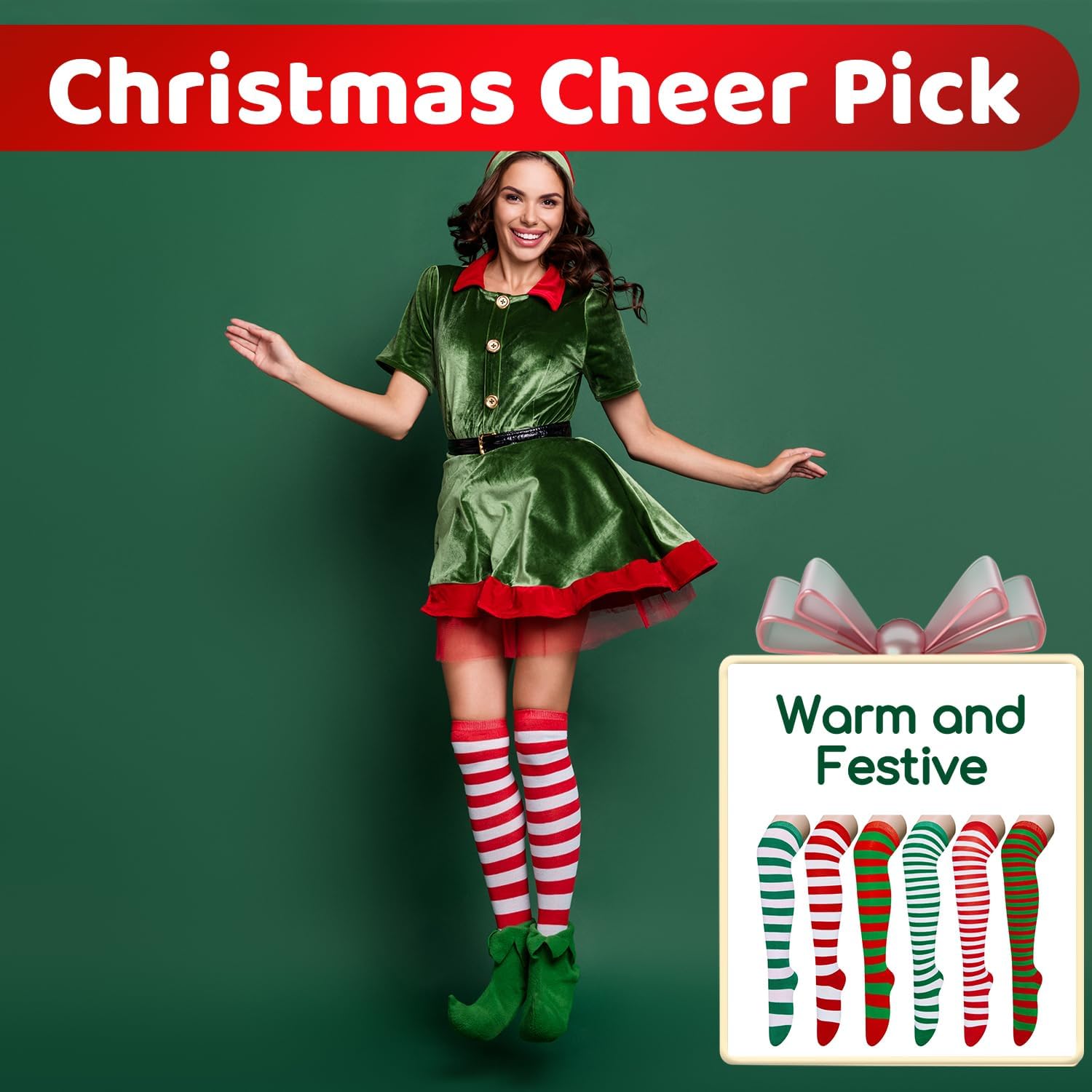 Striped Thigh High Socks - Christmas Over the Knee High Stockings for Women Teen Girls - Image 2