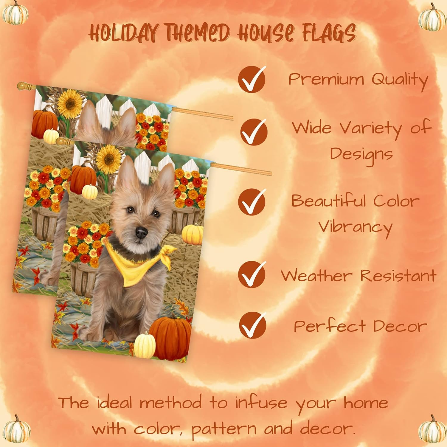 Fall Autumn Greeting Australian Terrier Dog House Flag - Outdoor Double Sided Pet Portrait Weather Resistant Premium Quality Home Decorative Flags - 100% Polyester 29"w x 43"h, HFLG50093