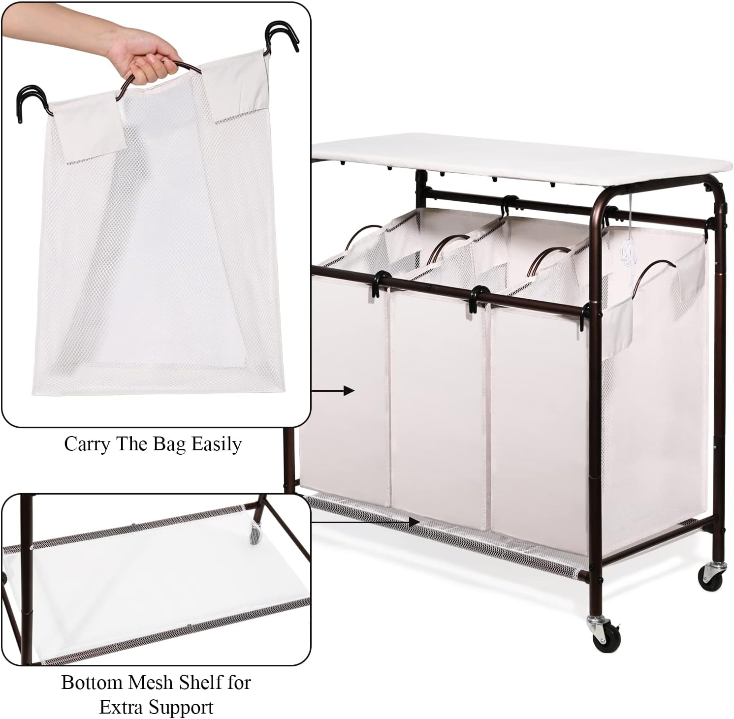 Buy Ollieroo Classic Rolling Laundry Sorter Cart Heavy Duty 3 Bags