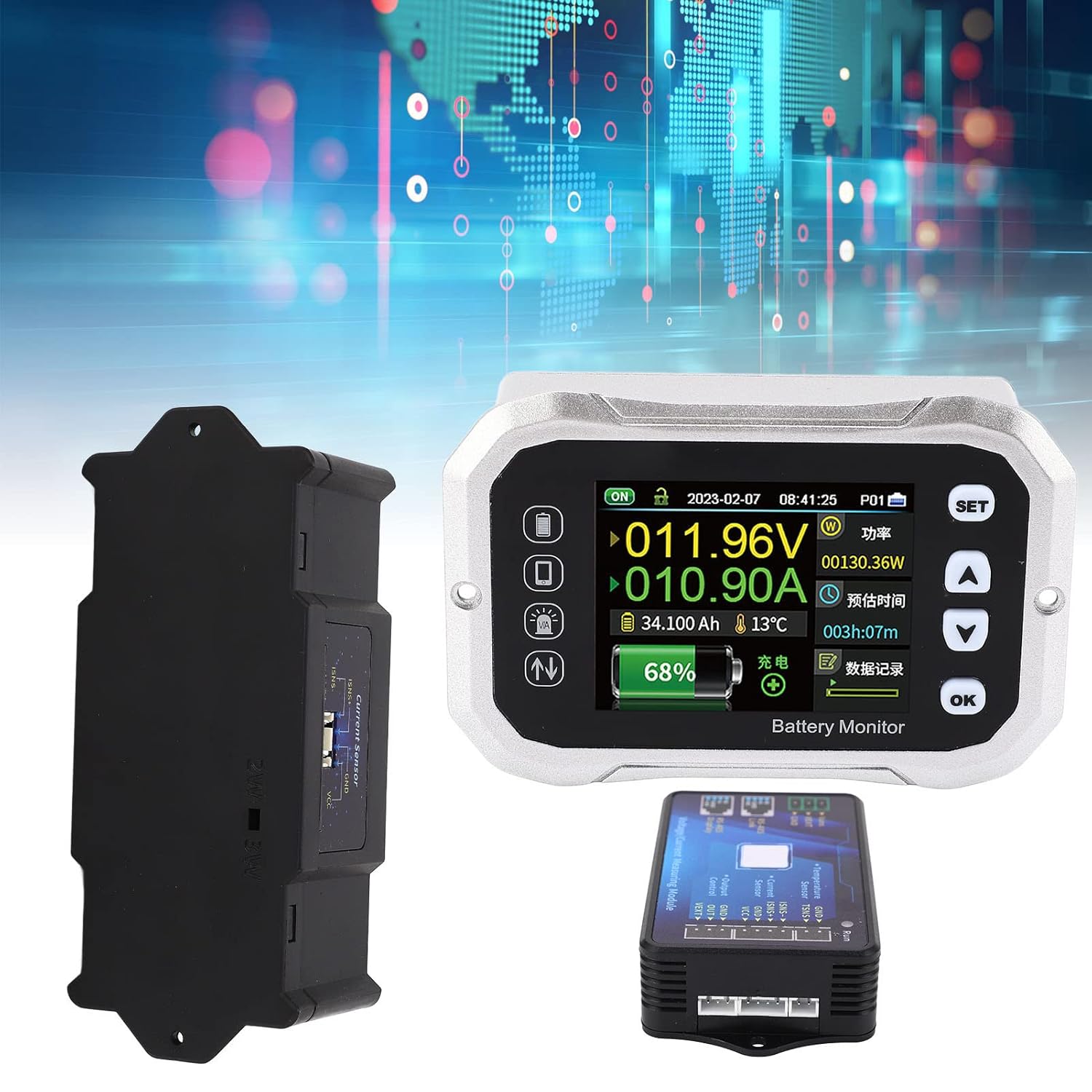 Separated components of the Trisar KH140F Smart Battery Monitor