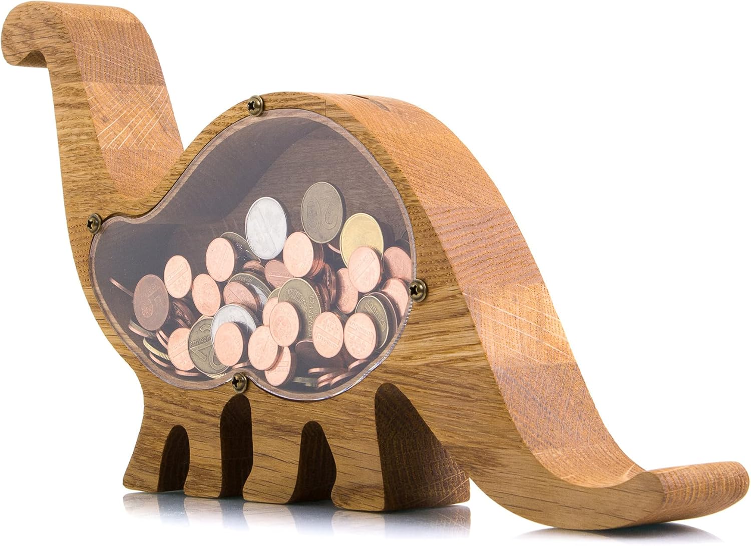 Dinosaur Piggy Bank for Boys Girls – Durable and Practical Money Saving Box – Natural Oak Wood w Transparent Plexiglass Idea for Developing Money Saving Habit (Standard)