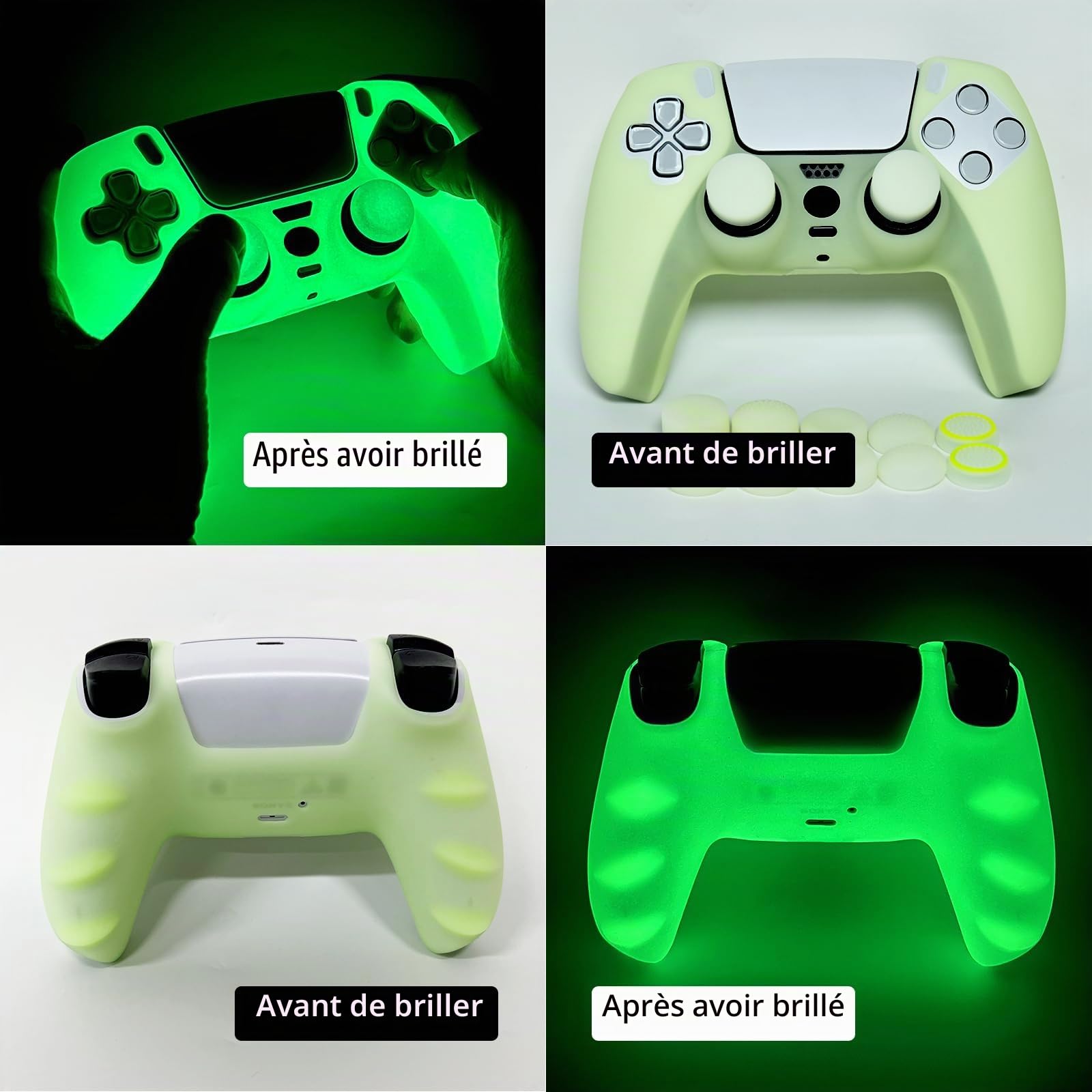 Skins Silicone Grip Glow in The Dark boîtier de Protection Compatible avec Le contrôleur PS5 + 8 PCS Thumb Grips Caps et 2 Grips Caps Glow in The Dark.