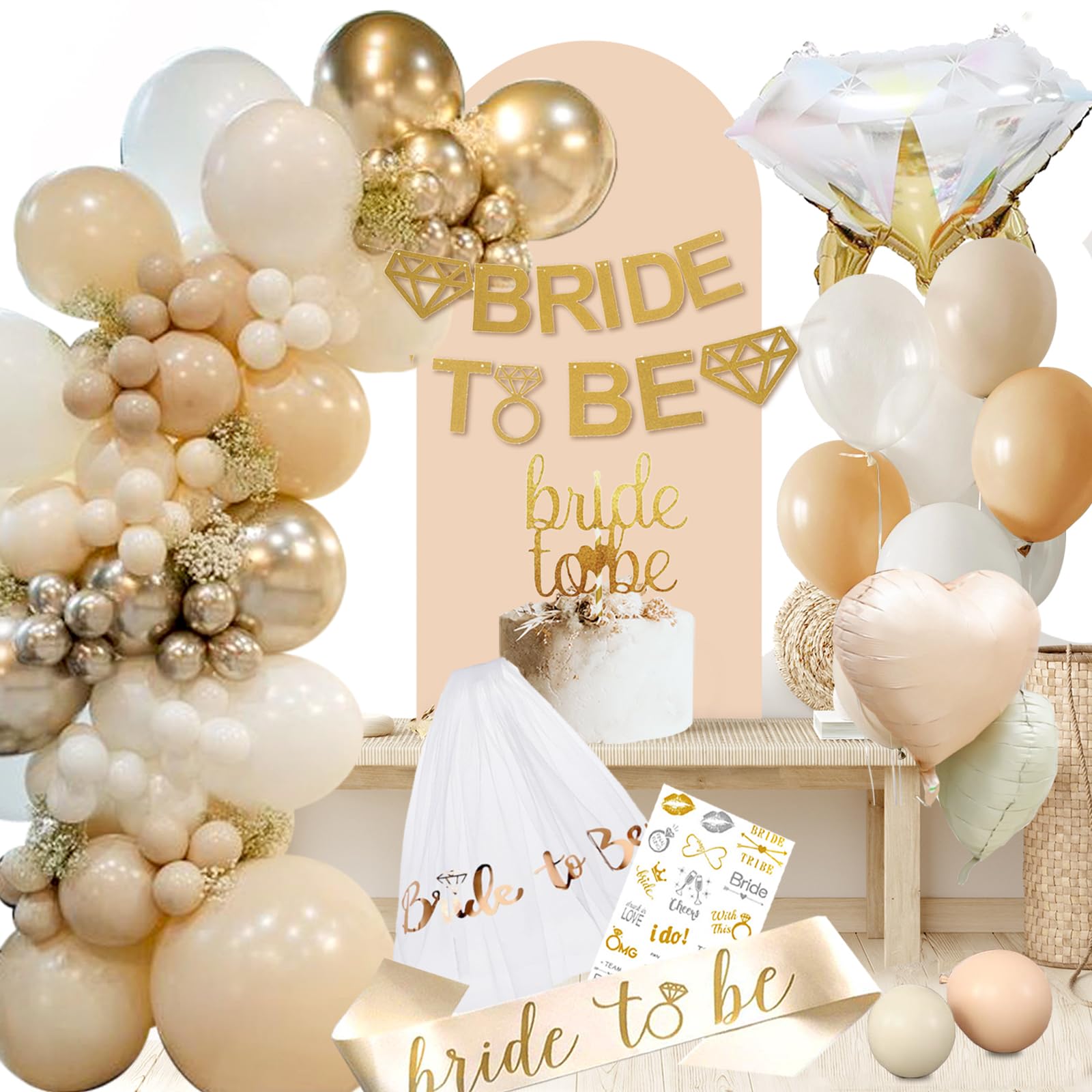 Kit Decorazioni Per Festa Di Fidanzamento Oro | Palloncini A Forma Di Anello Diamante E Cuori | Banner E Vortici Per Addio Al Nubilato E Matrimonio | Set Completo 29 Pezzi