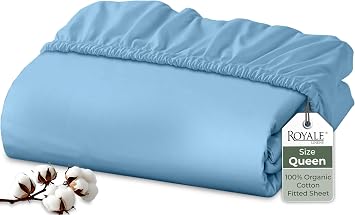 Royale Linens 100% Organic Cotton Fitted Sheet - Percale Weave - Super Soft Deep Pocket Bottom Sheets - Lake Blue Elastic Sheet Queen Size - Queen Fitted Sheets Only - 60"x80"+15", Lake Blue