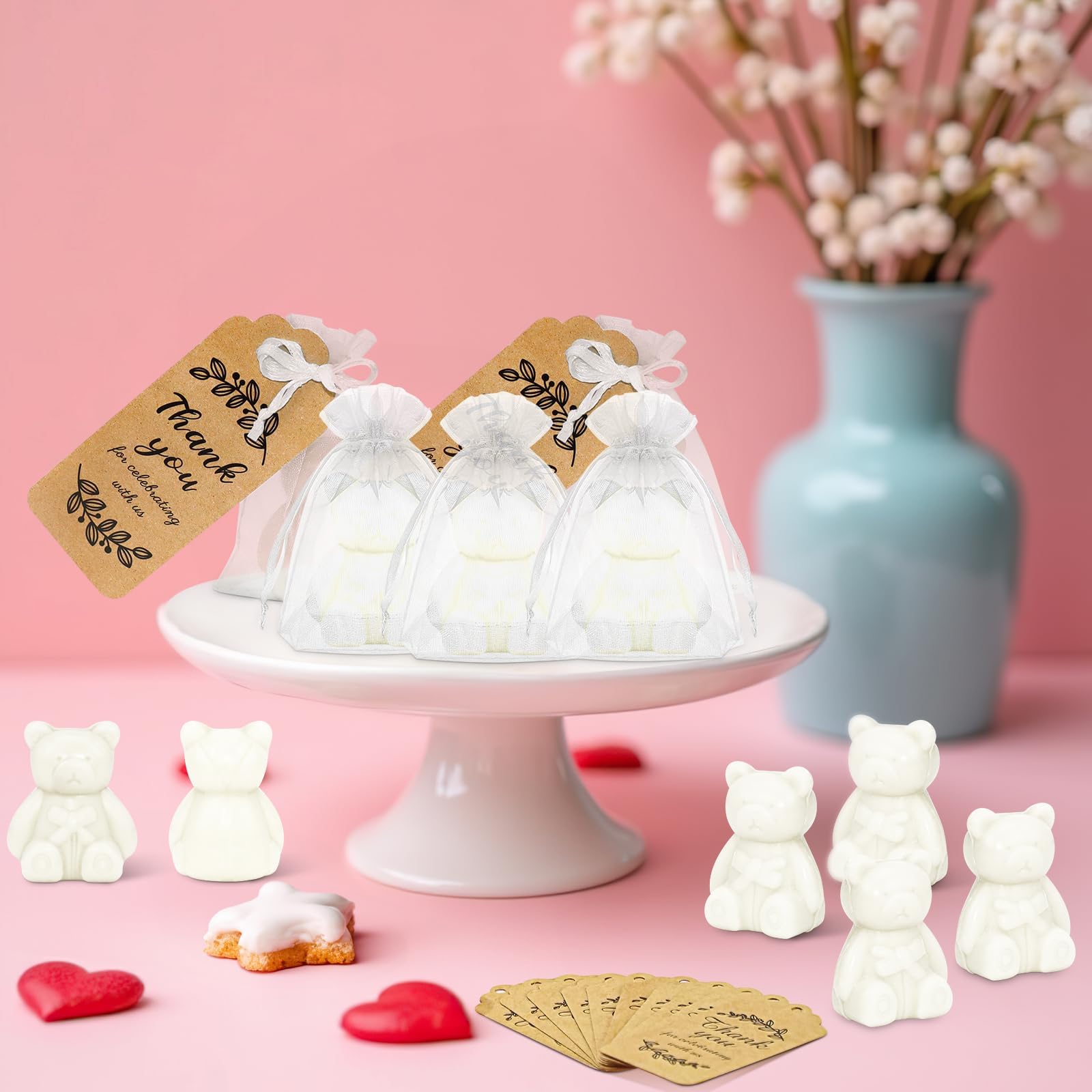 Lot de 50 Savons Ourson pour Baby Shower - Cadeau Invité Naissance, Baptême, Gender Reveal - Mini Savons en Forme d'Ours Blanc Parfumés avec Cartes de Remerciement et Sachets