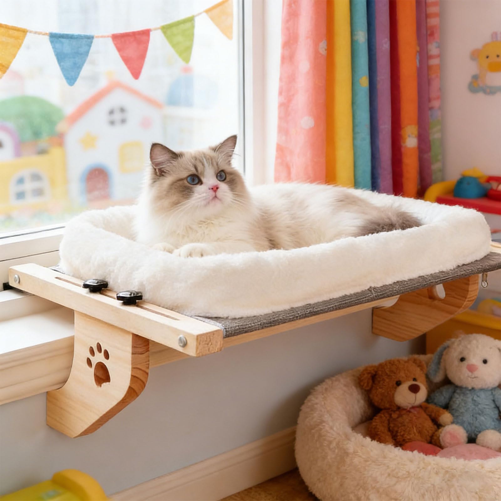 Hamaca para Gatos con Estructura de Madera y Metal, Cubierta extraíble y cálida, Cama Colgante para Ventana, Lavable para Comodidad de Mascotas, Cama Plegable para Gatos