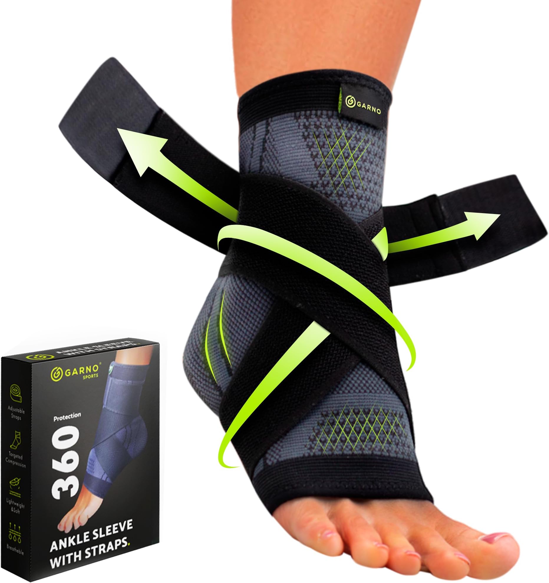 GARNO Ankle Brace – Compression Foot Sleeve with Adjustable Straps for Men & Women, Plantar Fasciitis & Achilles Support, Heel & Arch Pain Relief, Swelling & Injury Recovery, Protection for Sports, Running & Basketball (One Size Fits Most, Black)