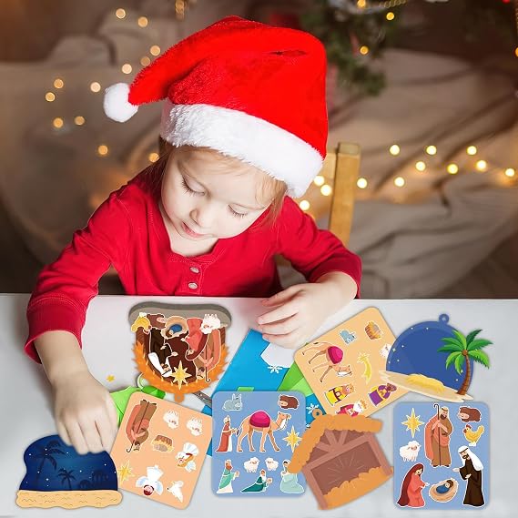Christmas Nativity Ornament Crafts for Kids - 16 Pack Make Your Own Nativity Scene Ornament Kit with Nativity DIY Craft Stickers Cutouts for Kids Xmas Tree Holiday Classroom Art Activity Party Favors