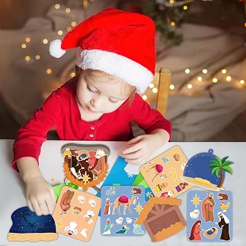 Christmas Nativity Ornament Crafts for Kids - 16 Pack Make Your Own Nativity Scene Ornament Kit with Nativity DIY Craft Stickers Cutouts for Kids Xmas Tree Holiday Classroom Art Activity Party Favors