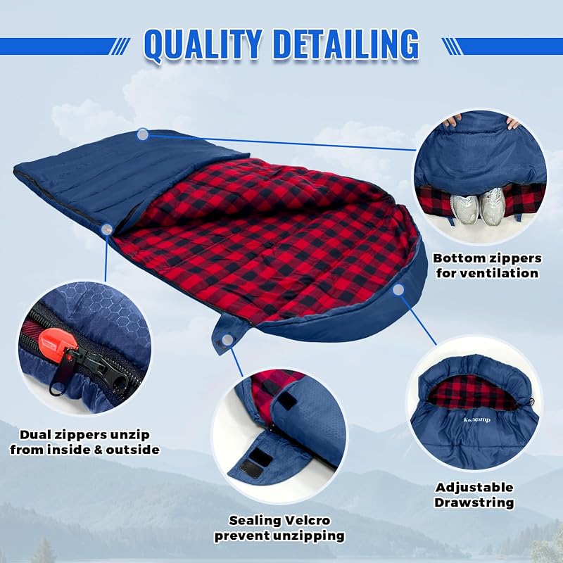 Keencamp XXL Téli Hálózsák 4 Évszakos Használatra - Flanell Béléssel, Pamut Töltettel, -1°C-ig, Kempingezéshez, 230x90 cm, Tengerészkék - Navy-L-Zip