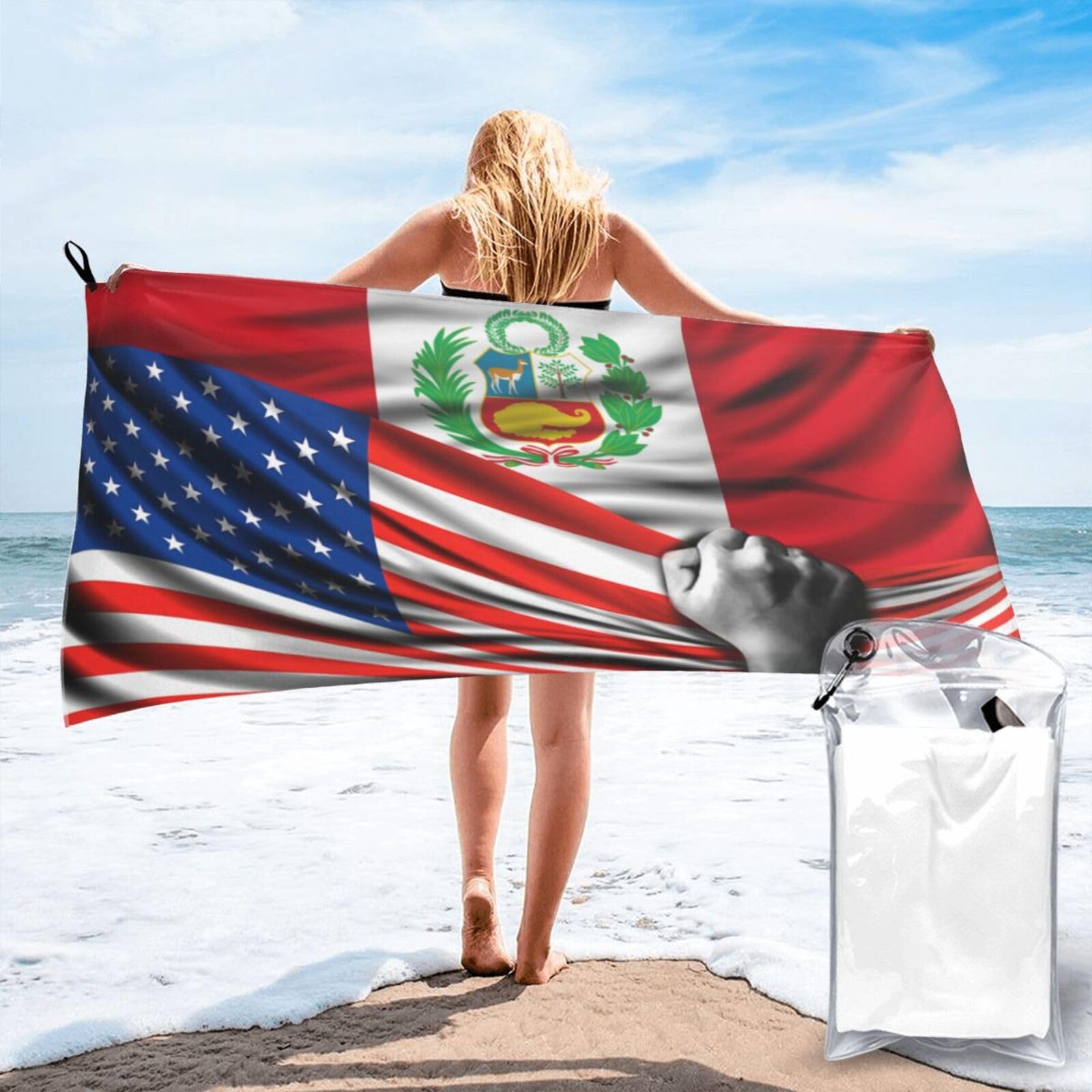 HACXZ Beach Towel America Flag and Peru Flag Microfiber Beach Towel Lightweight Absorbent 27.5"X55"