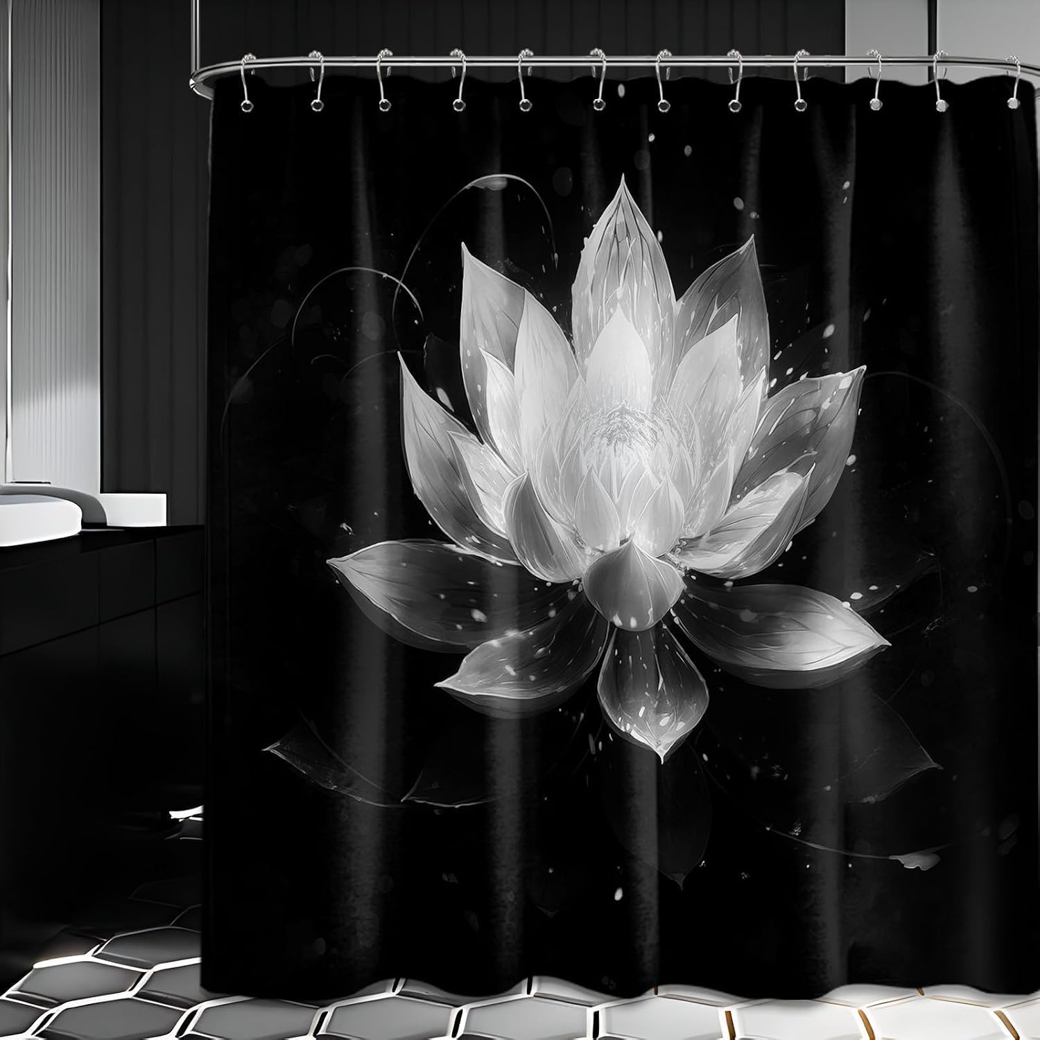 Black and Grey Shower Curtain, 72x72 in, Lotus Flower | Gray and White Theme, Decorative Pattern Design, Unique Silver Bathroom Decor, Waterproof Polyester Fabric, with Hooks