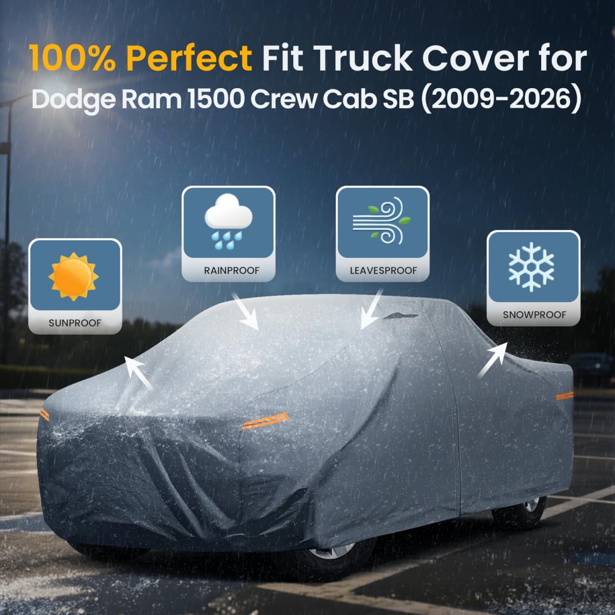 Dodge Ram 1500 Truck Cover Custom Fit 2009-2025 Crew Cab Short Bed(5.75') with Door Zipper, 10 Layer Outdoor Heavy Pickup Truck Cover Waterproof All Weather, Car Tarp for Wind Dust Sun etc Protection.